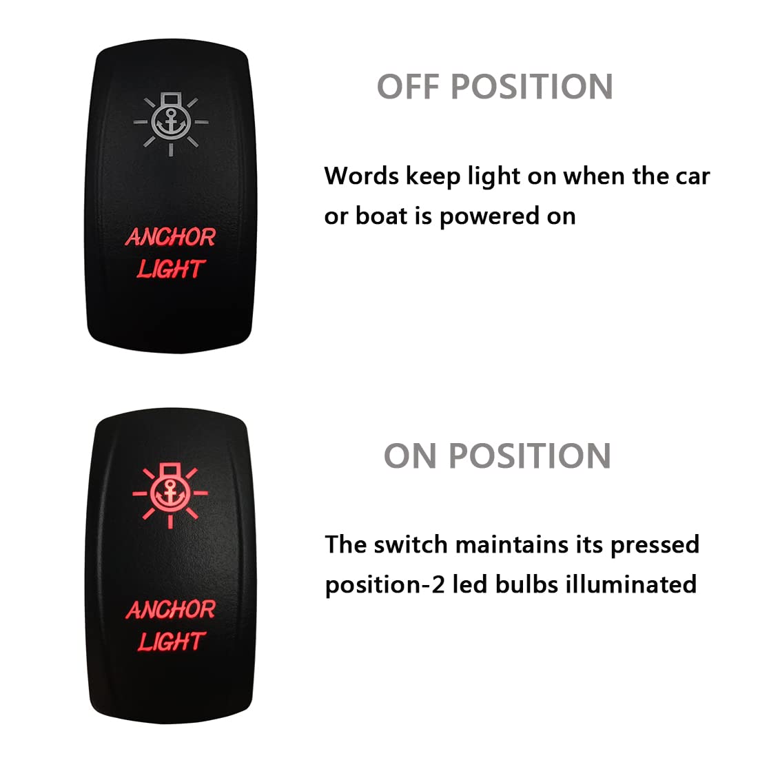 12V 24V RED Backlit Marine Rocker Switch - 5 Pin ON/OFF Waterproof Toggle Switch with Wires for Boats, Yachts, Ships - IP66 Rated for Harsh Marine Environments - Perfect for Navigation Lights, Anchor Lights & Marine Electrical Systems