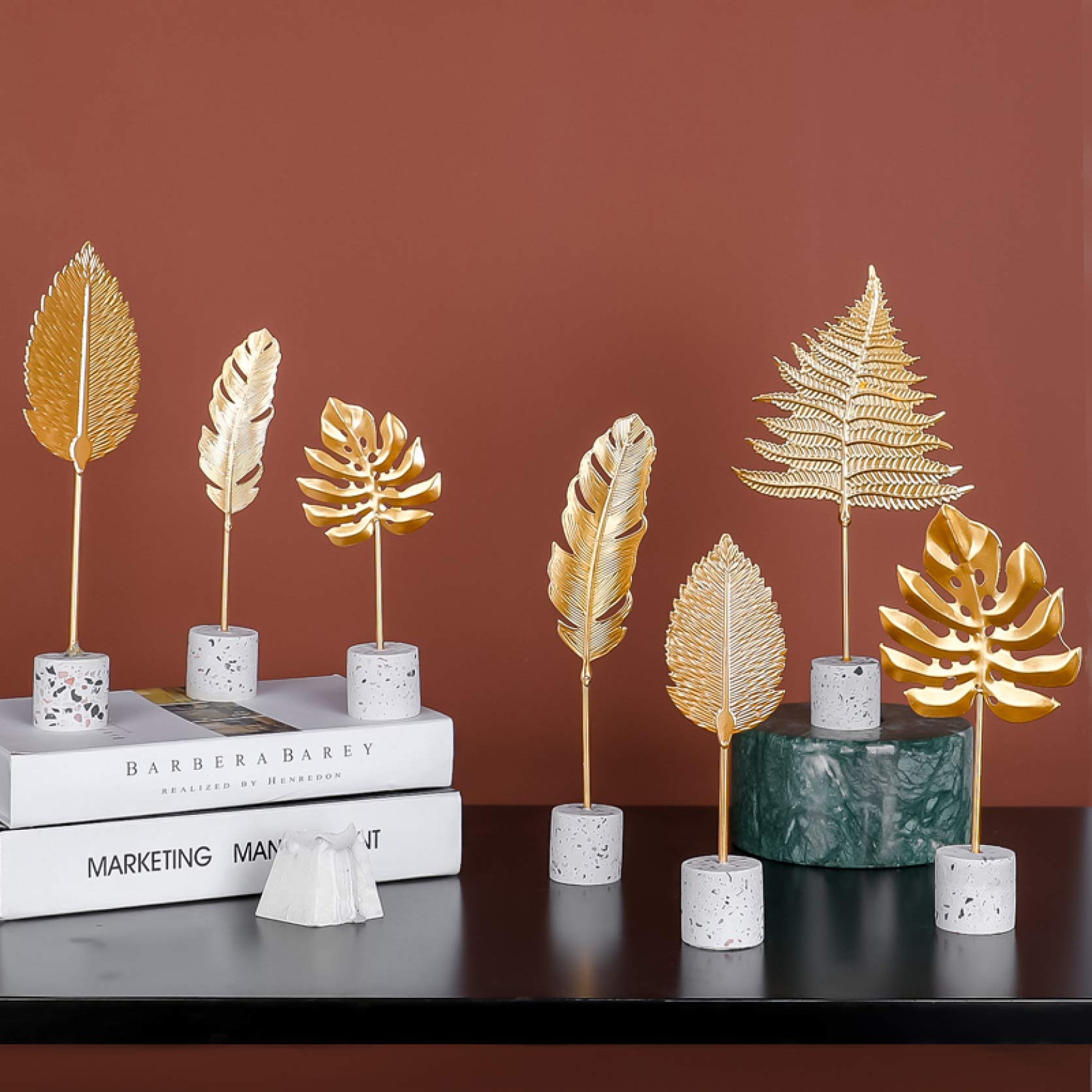 KKONION Nordic Golden Leaf Statue - Modern Metal Flower Sculpture, Contemporary Art Plant Figurine for Home & Office Decor - Perfect for Bookshelf, TV Stand, Desk & Living Room Décor