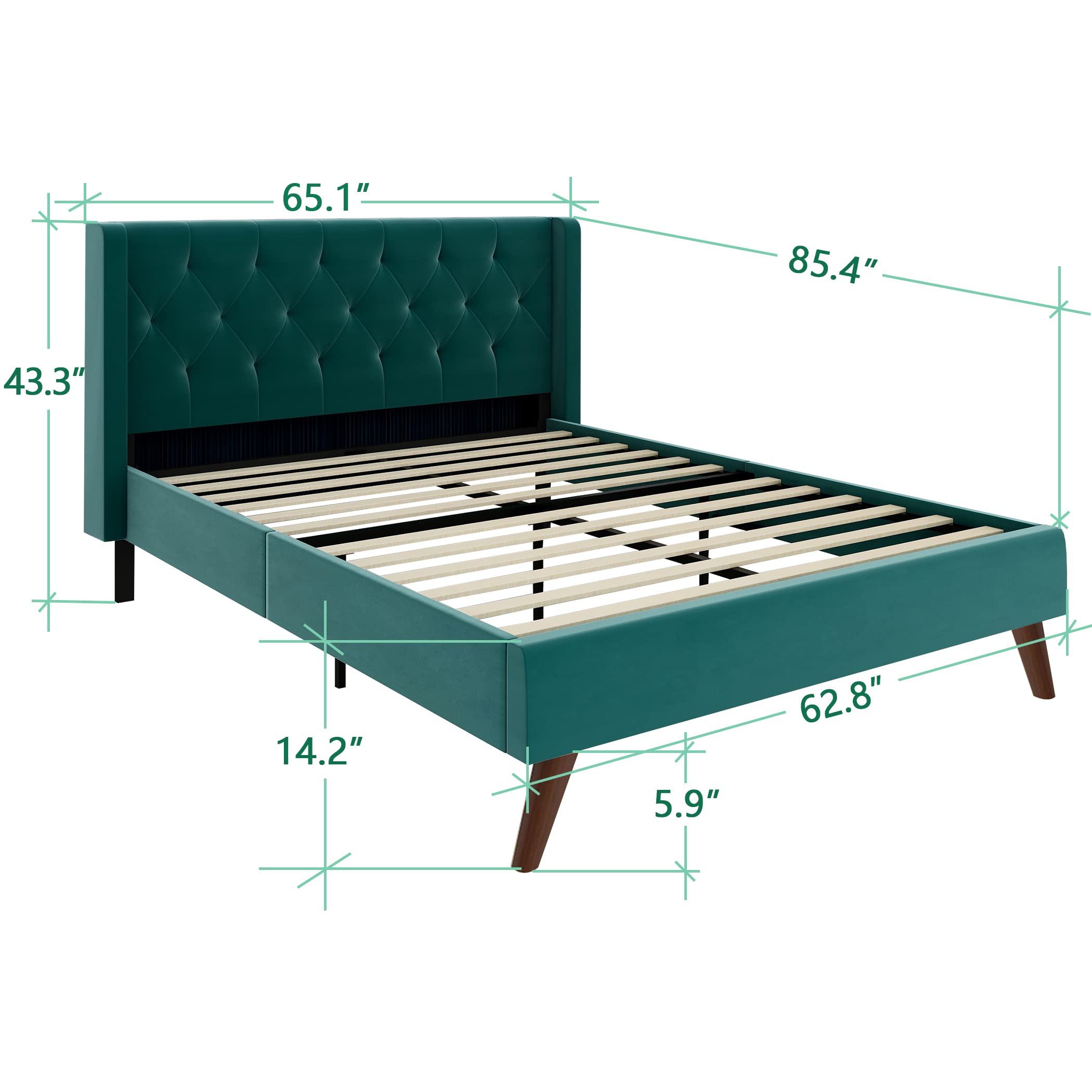 Luxury Velvet Upholstered Queen Size Bed Frame with Wingback Design & Wood Slat Support - No Box Spring Needed - Tufted Headboard - Dark Green - Perfect for Master Bedroom & Guest Room Decor