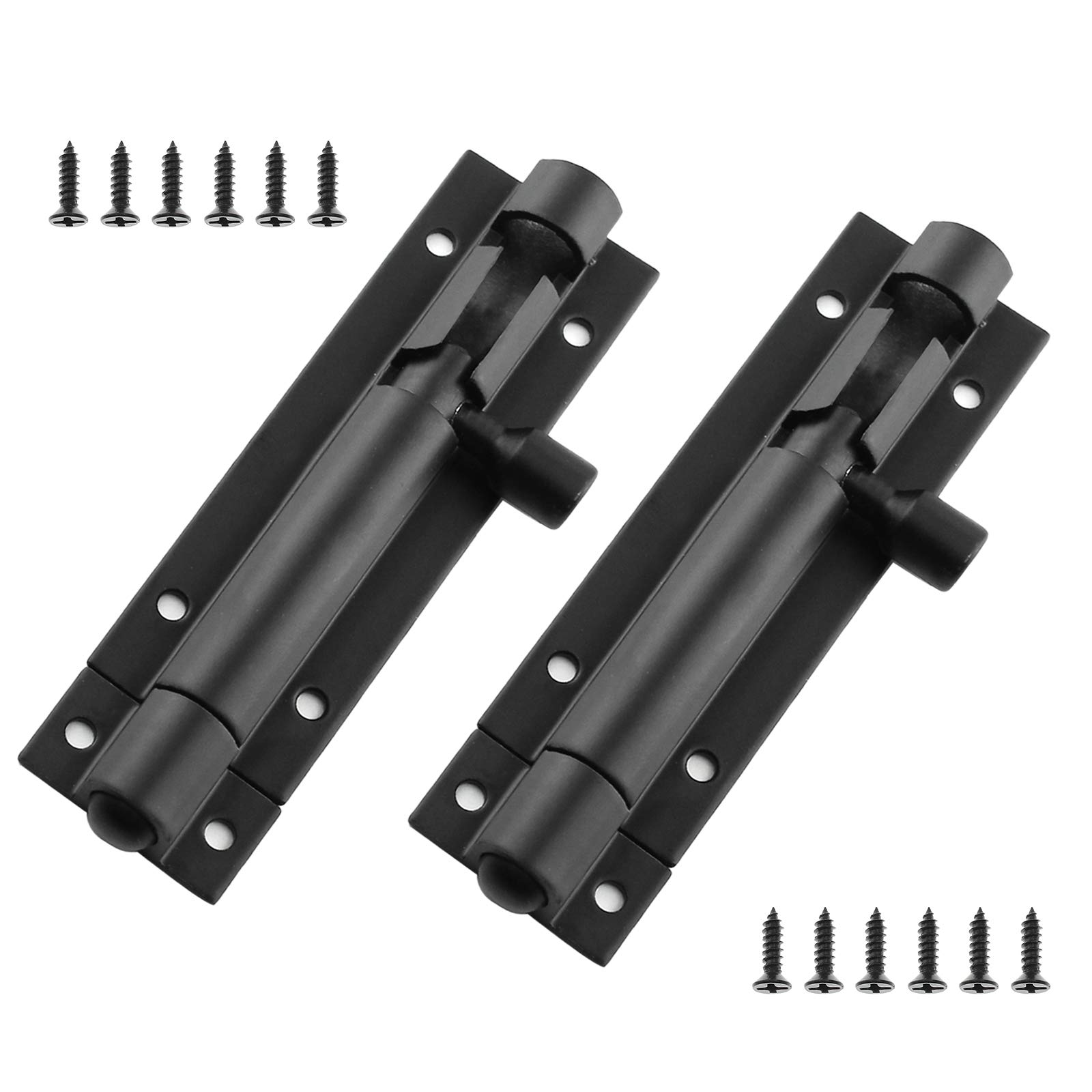 BokWin 2-Pack 3 Inch Heavy Duty Aluminum Door Latch Lock - 1.3mm Thick Sliding Barrel Bolt with Matte Black Finish & 12 Screws - Secure Home, Shed, Cabinet & Gate - Ideal for Indoor & Outdoor Security Use