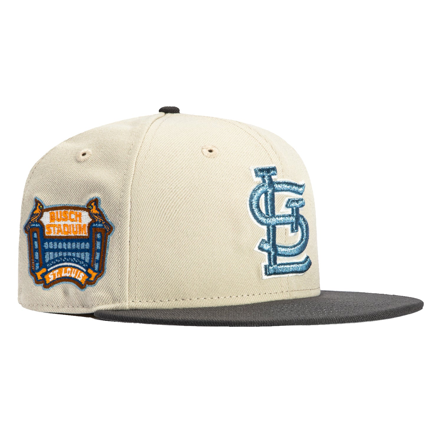 New Era 59Fifty St Louis Cardinals Busch Stadium Patch Hat - Stone, Graphite & Light Blue | MLB Baseball Cap for Fans, Game Day & Casual Wear