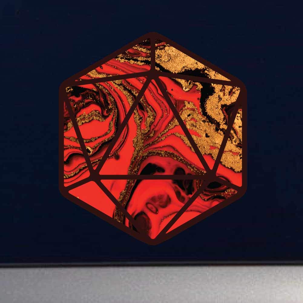 D20 Dice Silhouette Red, Black and Gold Swirl Paint Pour Vinyl Decal - 4 Inch Waterproof Sticker for Gaming Accessories, Car Windows, Laptop Decor, Wall Art & Outdoor Use | Perfect for Tabletop RPG Enthusiasts & Geek Home Decor