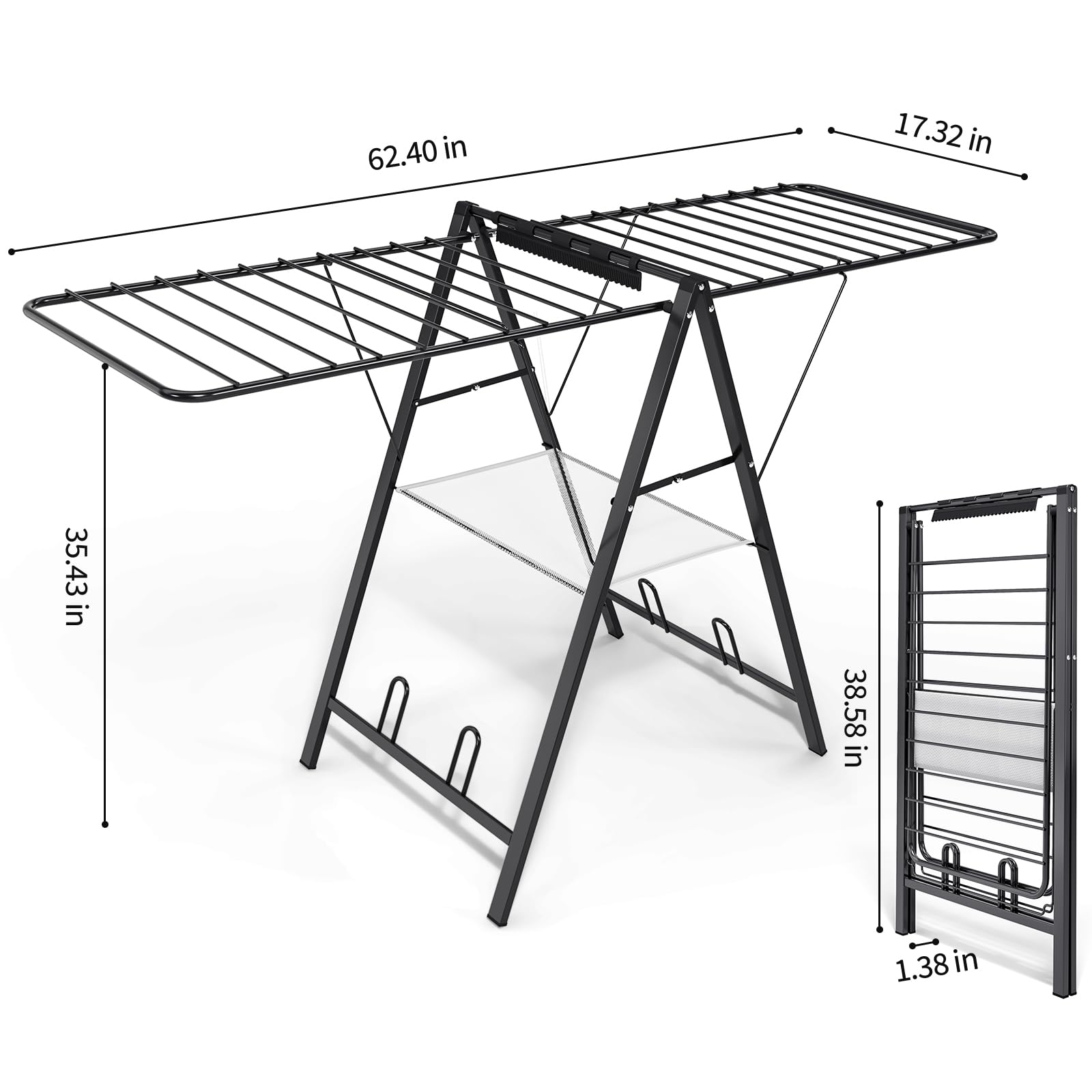 APEXCHASER Foldable Metal Clothes Drying Rack - Adjustable Height Collapsible Laundry Rack for Sweaters, Bras & Towels | Ultra Thin Space Saving Design | Indoor & Outdoor Use for Apartments, Camping & Travel | Black Gullwing Clothes Airer