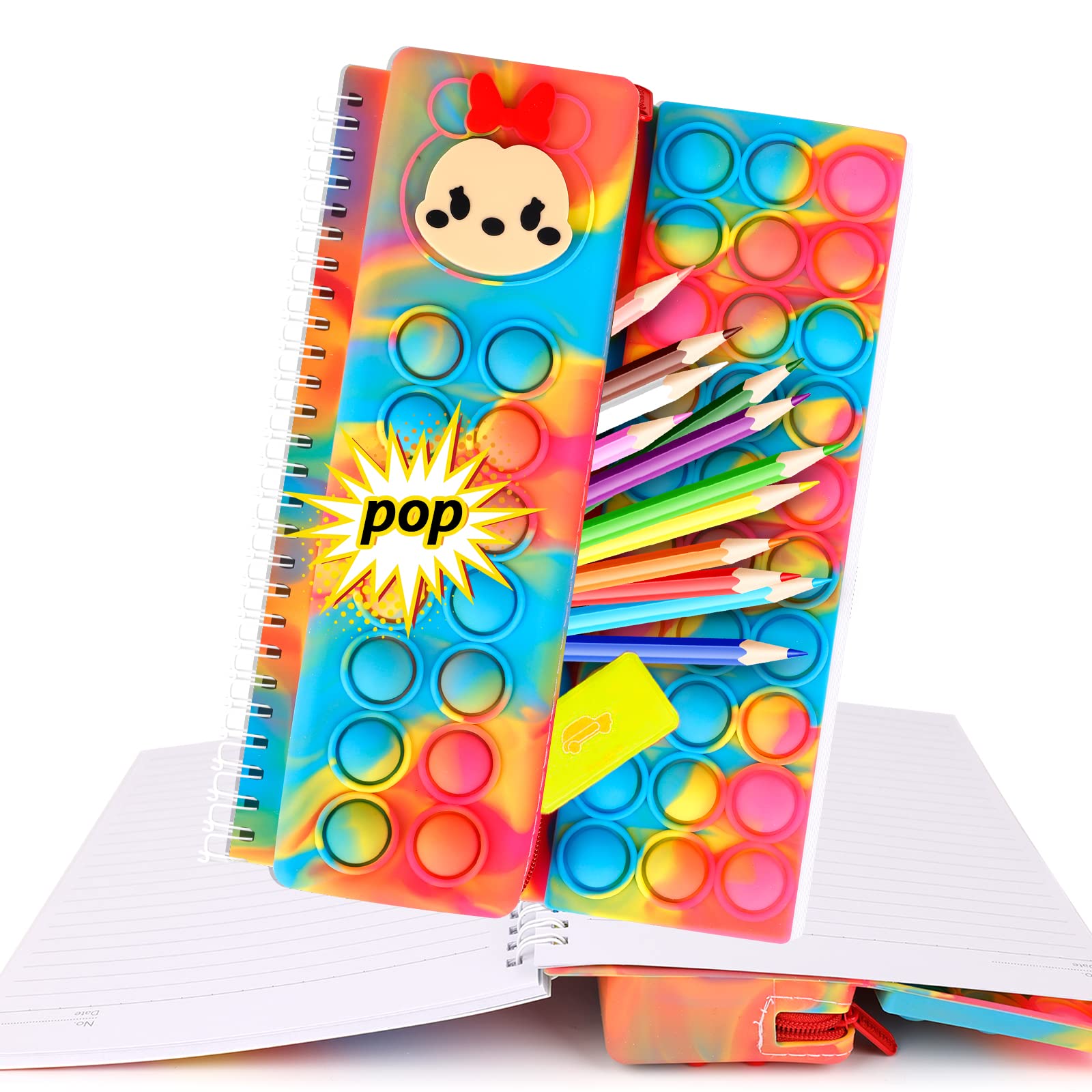 Rainbow Silicone Popper Bubble Push Fidget Notebook with Pencil Case for Kids - 40 Sheet A5 Stress Relief Notebook for School, Travel & Anxiety Relief | Fun Sensory Toy for Girls & Boys