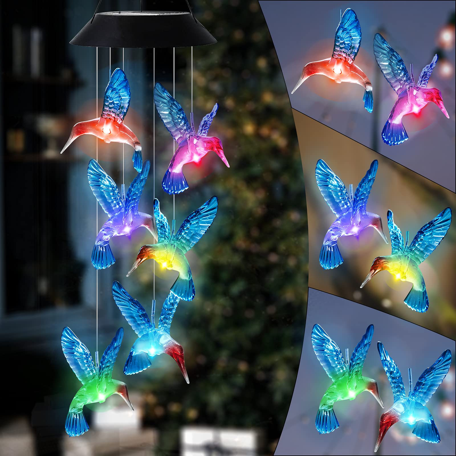 Color Changing Solar Powered Hummingbird Wind Chimes - Outdoor Waterproof LED Solar Lights for Garden, Yard, Patio & Christmas Decorations (Blue) | Perfect for Home Parties, Relaxing Evenings & Festive Holiday Displays