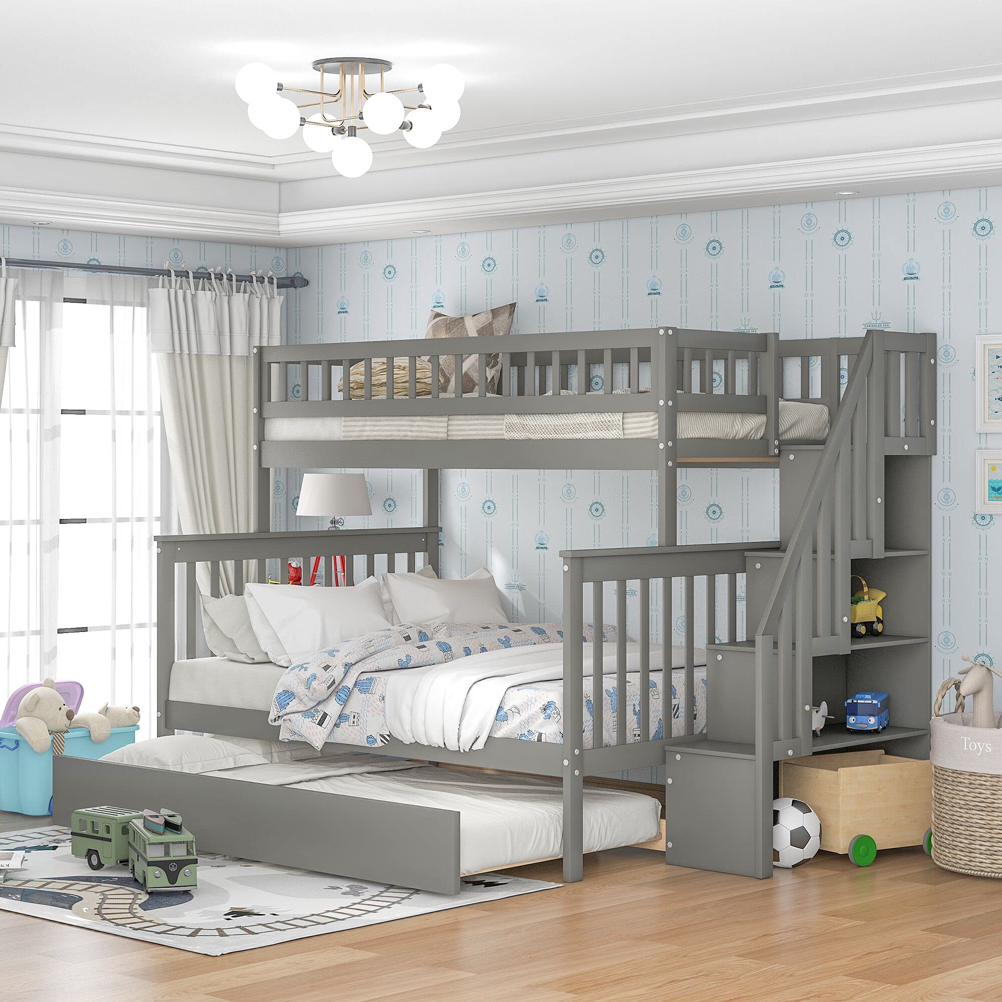 Harper & Bright Designs Twin Over Full Bunk Bed with Trundle, Stairs & Storage - Solid Wood Kids Bunk Bed with Full-Length Safety Rail - Space-Saving Solution for Small Bedrooms, Guest Rooms & Vacation Homes (Gray)