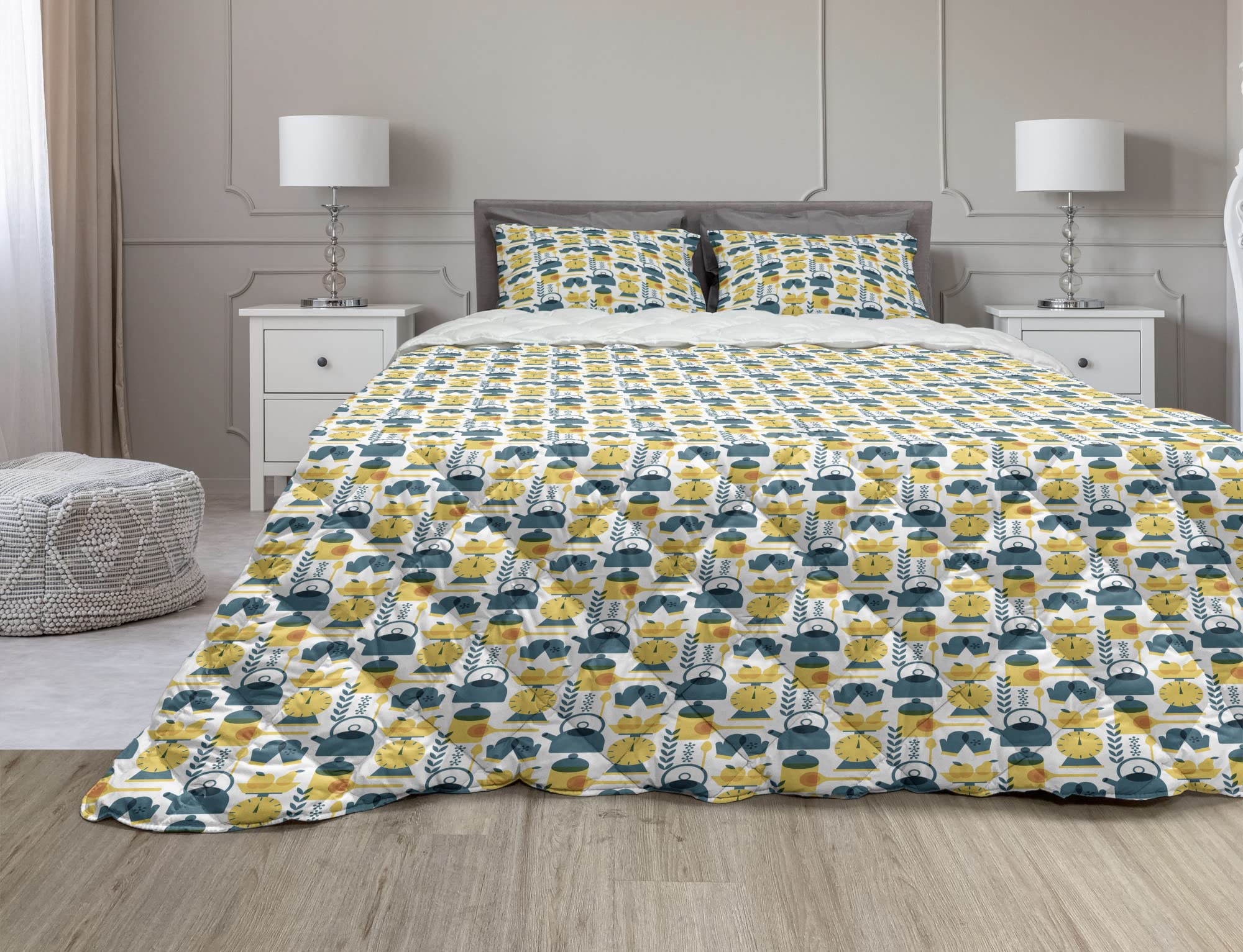 Ambesonne Vintage Cooking Themed Comforter Set - 2 Piece Twin XL Duvet Cover with Microfiber Filling, Mustard & Teal Kitchen Utensil Design - Perfect for Restaurant-Themed Bedrooms, Chef's Quarters or Culinary Enthusiasts' Home Decor