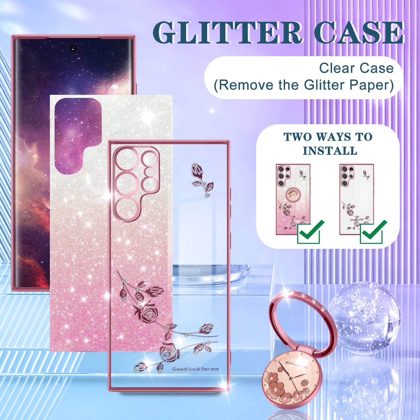 3-in1 Sparkly Glitter Phone Case for Samsung Galaxy S23 Ultra - Cute Floral Bling Cover with Ring Stand for Women & Girls | Protective 6.8