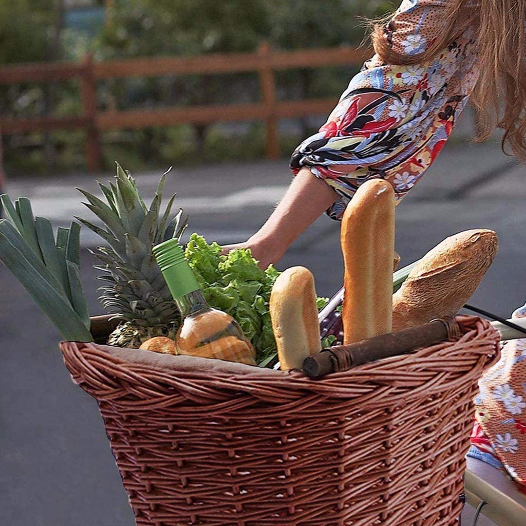 aihihe Wicker D-Shaped Bike Basket for Beach Cruiser - Hand-Woven Portable Bicycle Handlebar Storage Basket with Leather Straps | Perfect for Shopping, Picnics & Beach Rides