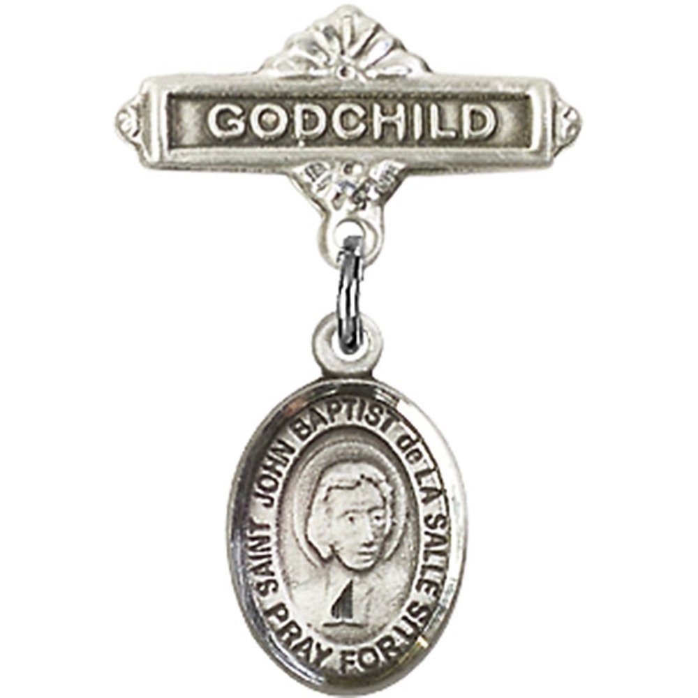 St. John Baptist de la Salle Sterling Silver Baby Badge & Godchild Pin - 1 x 5/8 Inch Religious Jewelry - Perfect for Baptisms, Christenings & First Communion Gifts