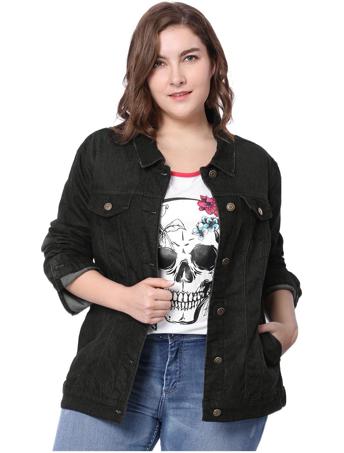 Women's Plus Size Denim Jean Jacket - Distressed Washed Button Front Stitching Design | Casual Outfit for Streetwear, Fall Layering & Everyday Fashion