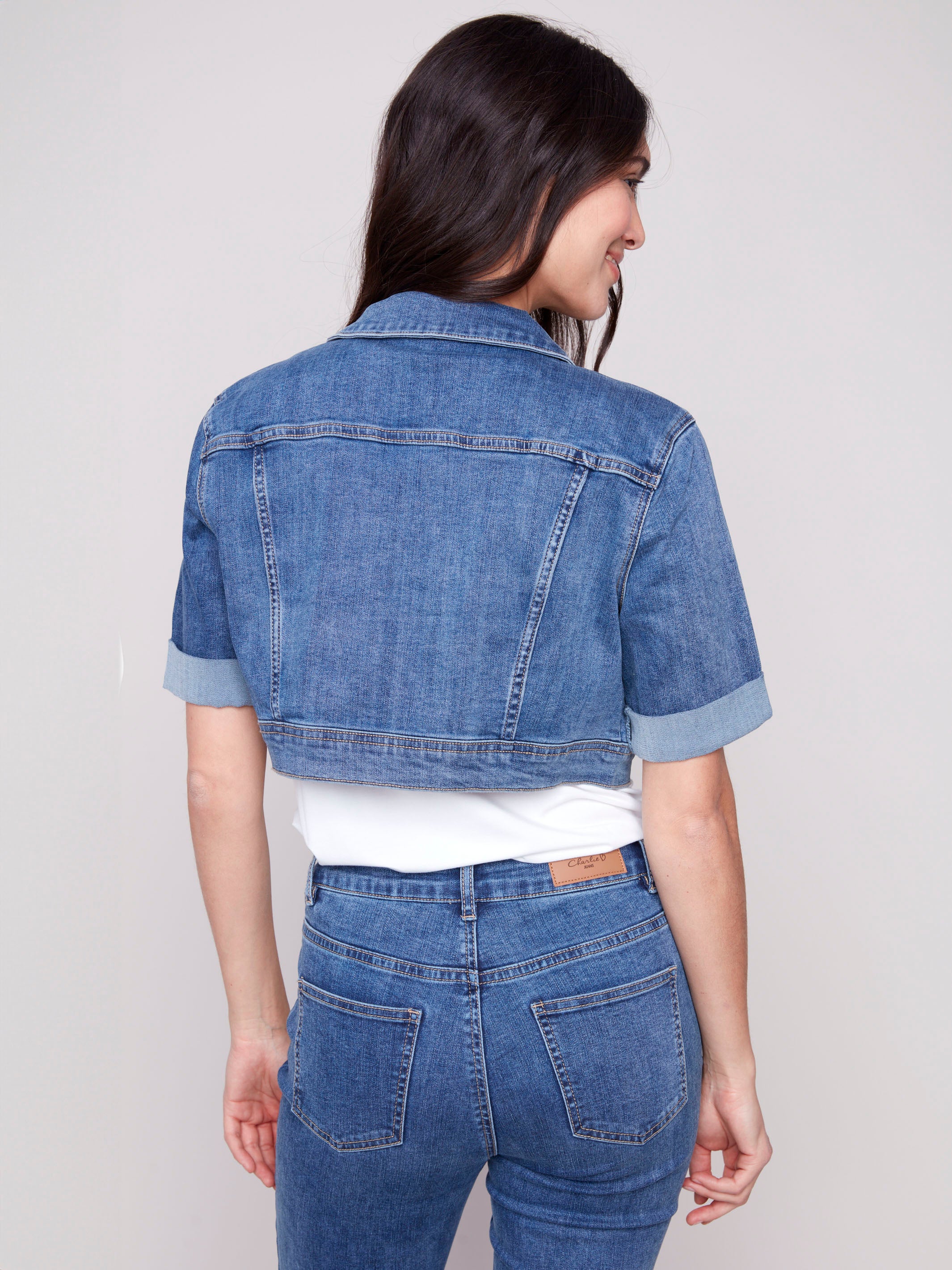 Stylish Cropped Denim Jacket for Women - Medium Blue Wash | Perfect for Spring Outfits & Casual Streetwear