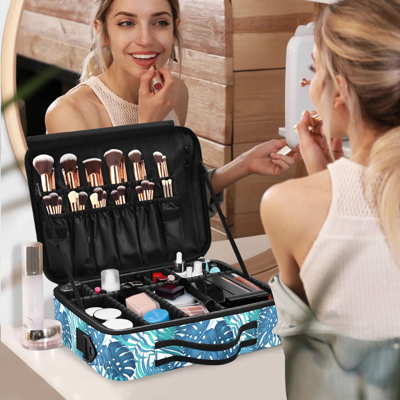 Blue Tropical Leaves Makeup Bag for Women - Travel & Cosmetic Organizer