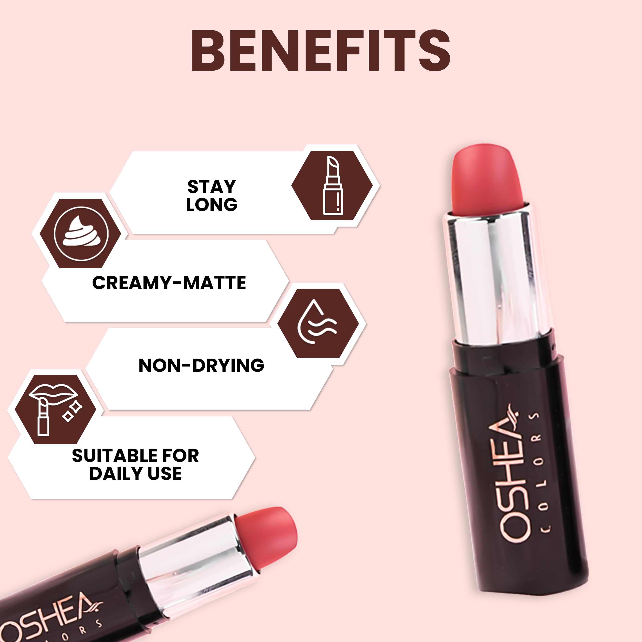 Oshea Colors Creamy Matte Lipstick - Long Lasting, Non-Drying Formula with Castor Oil & Shea Butter | Paraben Free | Nude Natural 05 (4.2g) | Perfect for Everyday Wear, Date Night & Special Occasions