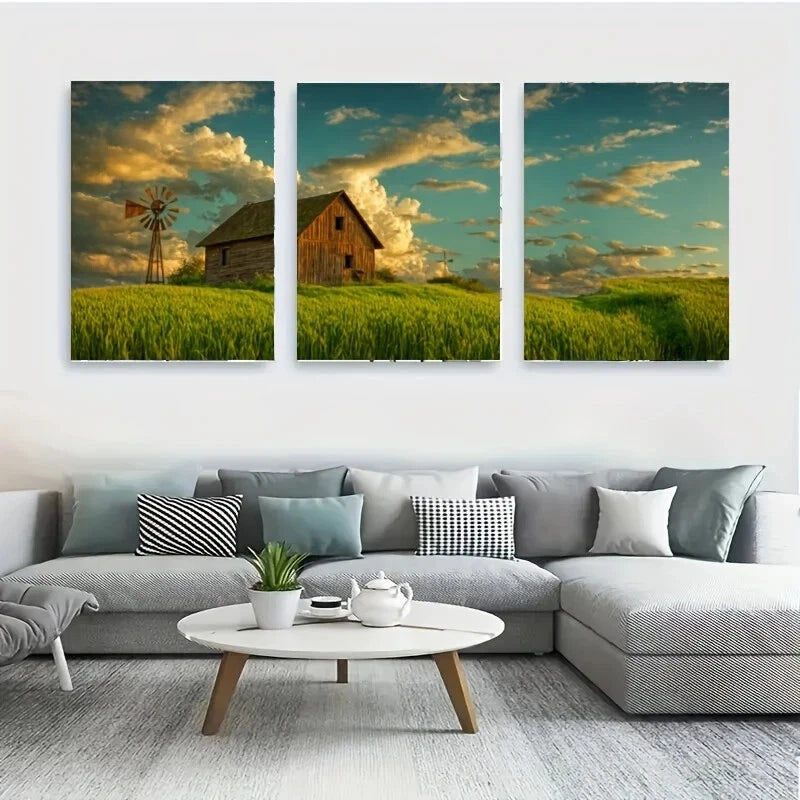 3-Piece Rustic Wooden House on Grasses Metal Wall Art Print - Ready to Hang Home Decor for Living Room, Bedroom & Office