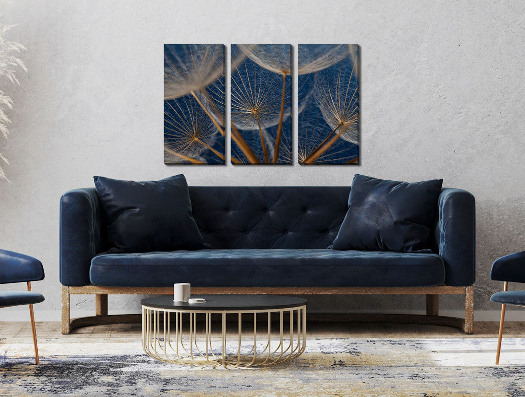 Blue Dandelions Wall Art - Set of 3 Canvas Prints (45x30 Inches) - Modern Home Decor for Living Room, Bedroom & Office