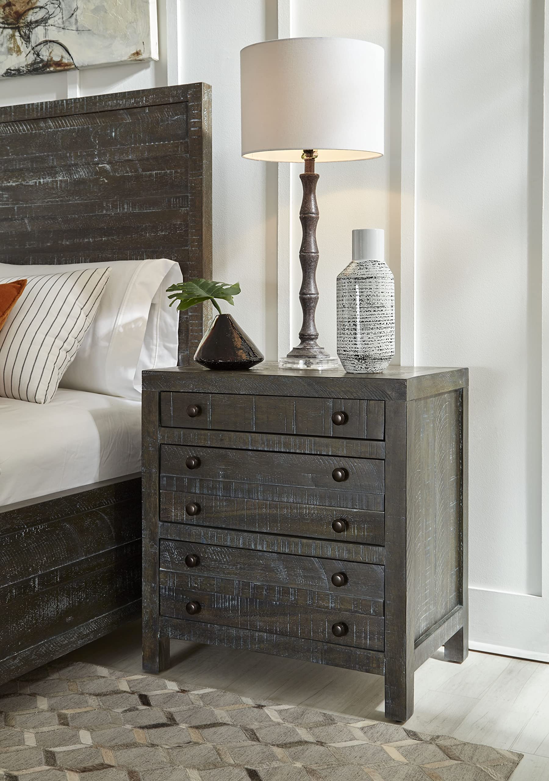 Modus Furniture Solid Wood Nightstand with 3 Drawers - Townsend Style in Gunmetal Finish | Bedroom Side Table for Storage & Decor