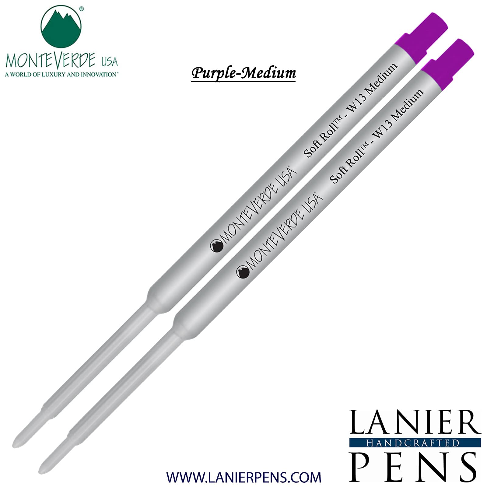 Monteverde Soft Roll Ballpoint W13 Ink Refill 2-Pack - Compatible with Waterman Style Pens - Purple Medium Tip 0.7mm - Smooth Writing for Office, School & Daily Use