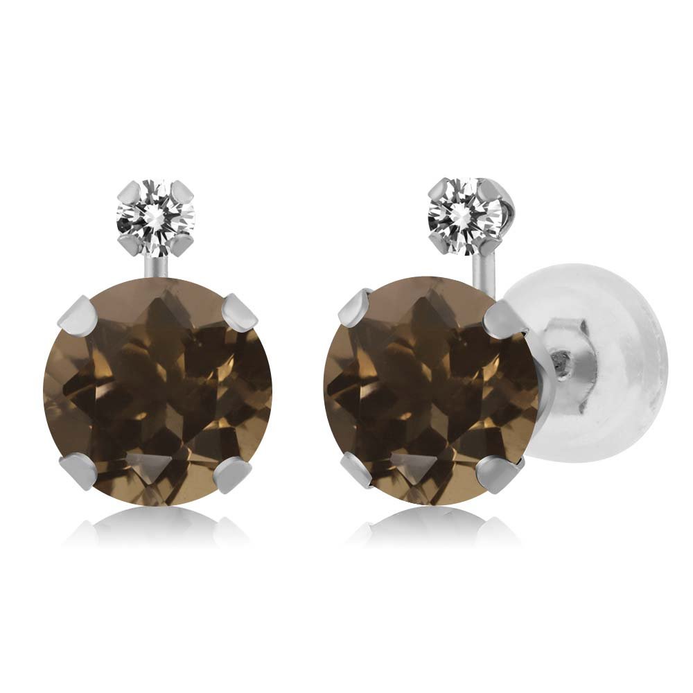 1.67 Ct Round Brown Smoky Quartz & White Diamond 14K White Gold Earrings for Women | Gem Stone King | Elegant Jewelry for Weddings, Parties & Special Occasions