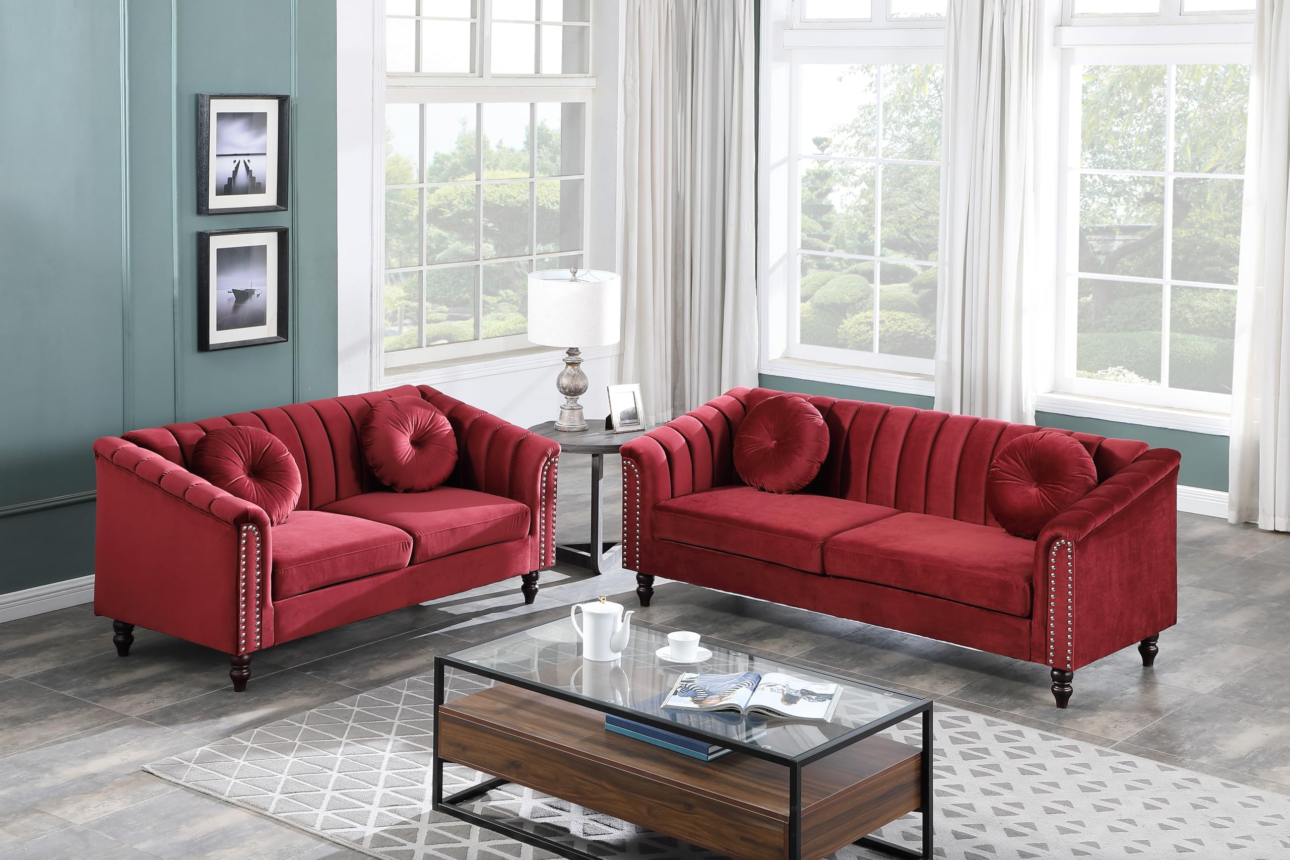 Modern 2-Piece Sectional Sofa Set - Contemporary Fabric Chesterfield Loveseat & Couch for Living Room, Bedroom, Office - Red (Perfect for Small Spaces, Family Gatherings & Home Decor)