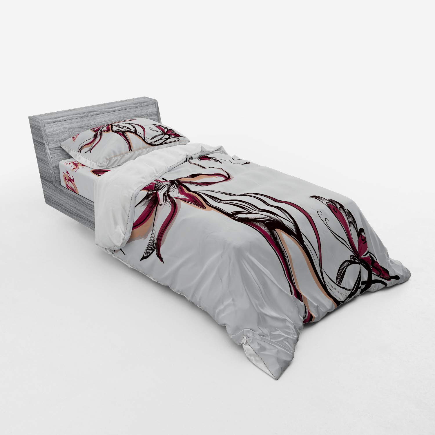 Ambesonne Pink Duvet Cover Set - High Heel Shoes with Butterfly & Ribbon Design, 3-Piece Twin Size Bedding Set with Pillow Sham & Fitted Sheet, Dried Rose Black - Perfect for Teen Girls' Bedroom, Dorm Room Decor, and Fashion-Themed Bedding