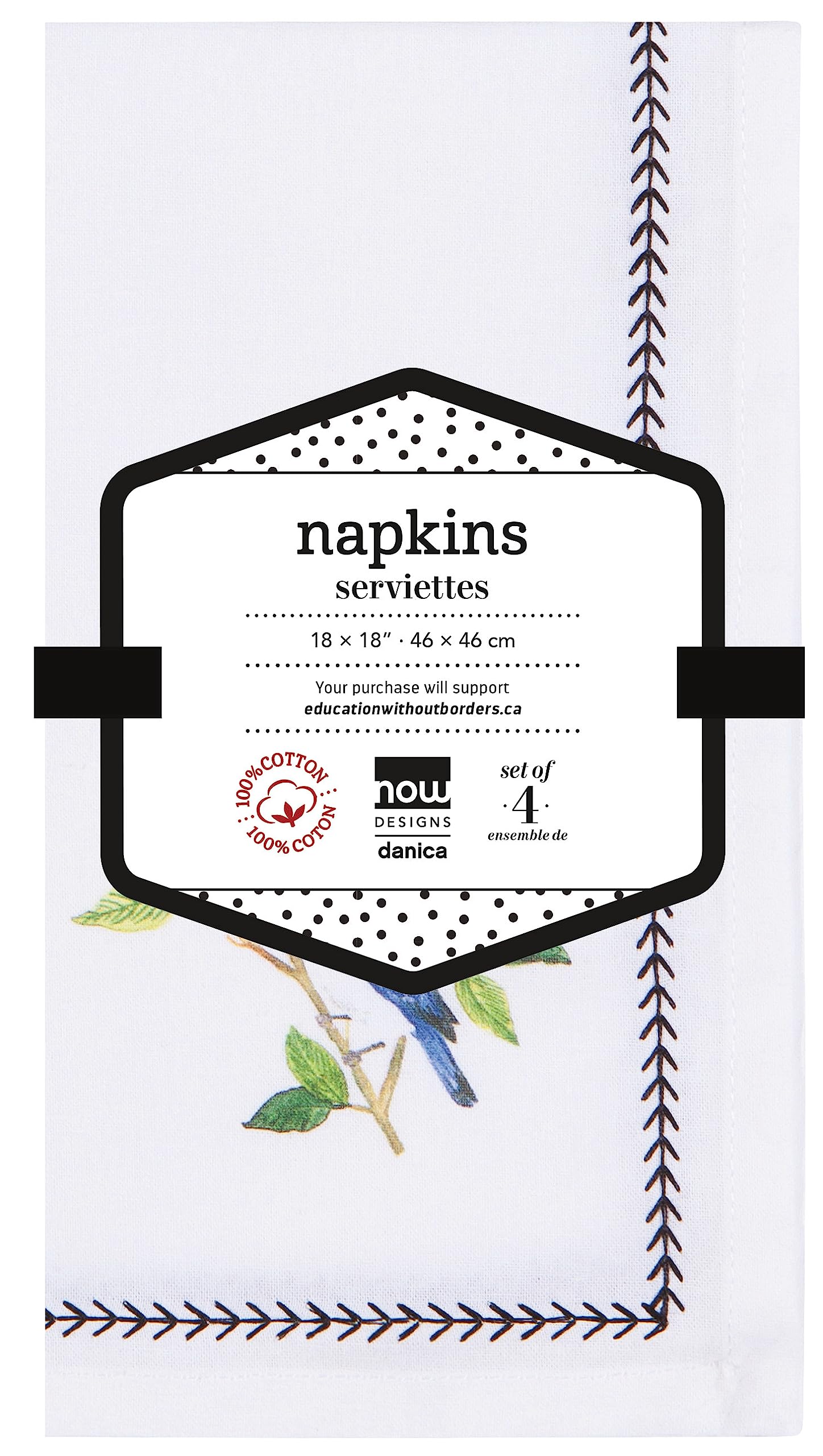 Now Designs Birdsong Cotton Napkins 18x18 Inch, Set of 4 - Soft & Absorbent Kitchen & Dining Table Linens for Everyday Meals, Parties & Home Decor