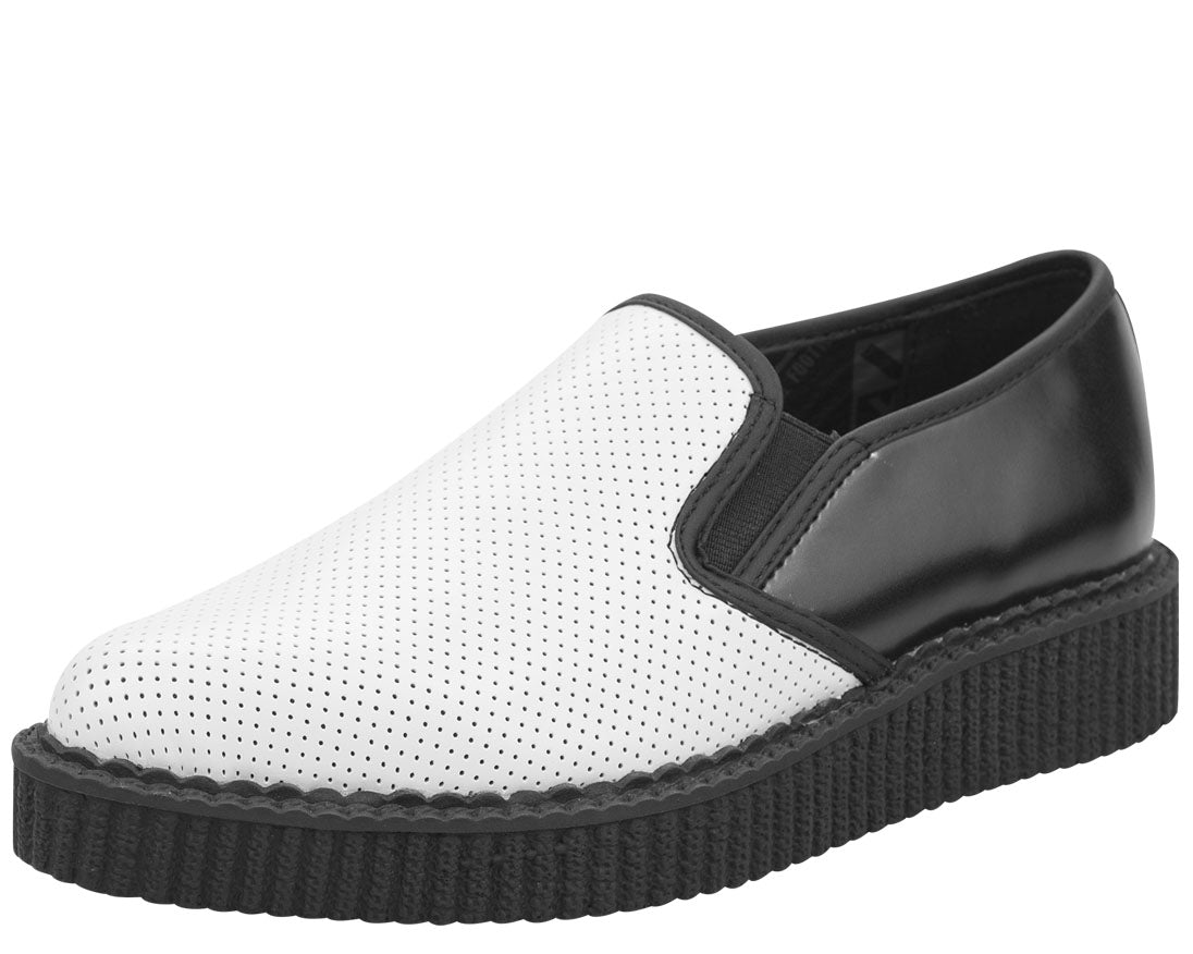 T.U.K White and Black Pointed Toe Slip-On Creeper Shoes for Women - Punk Rock Style Vintage Platform Sneakers for Concerts, Parties, and Everyday Wear