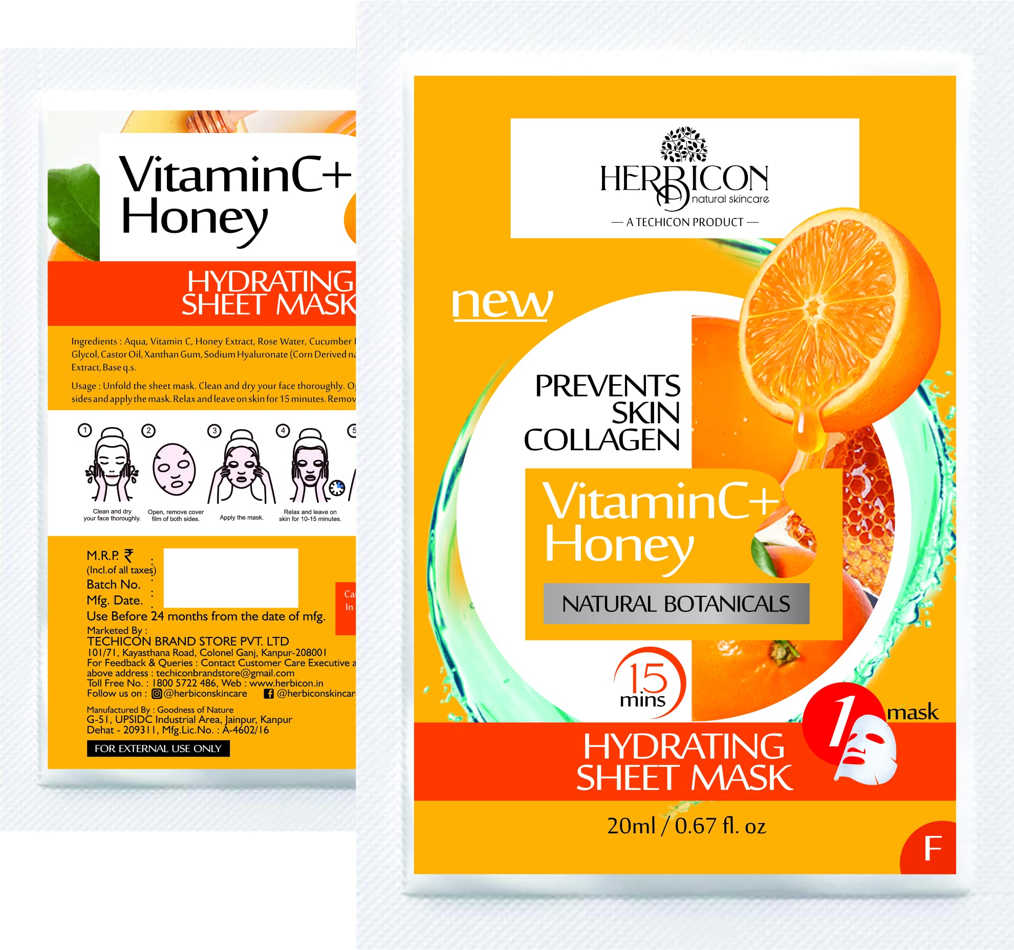 Herbicon Vitamin C & Honey Face Sheet Mask - Brightening & Hydrating for Glowing Skin - 20g (5 Pack) | Perfect for Daily Skincare Routine & Spa Night