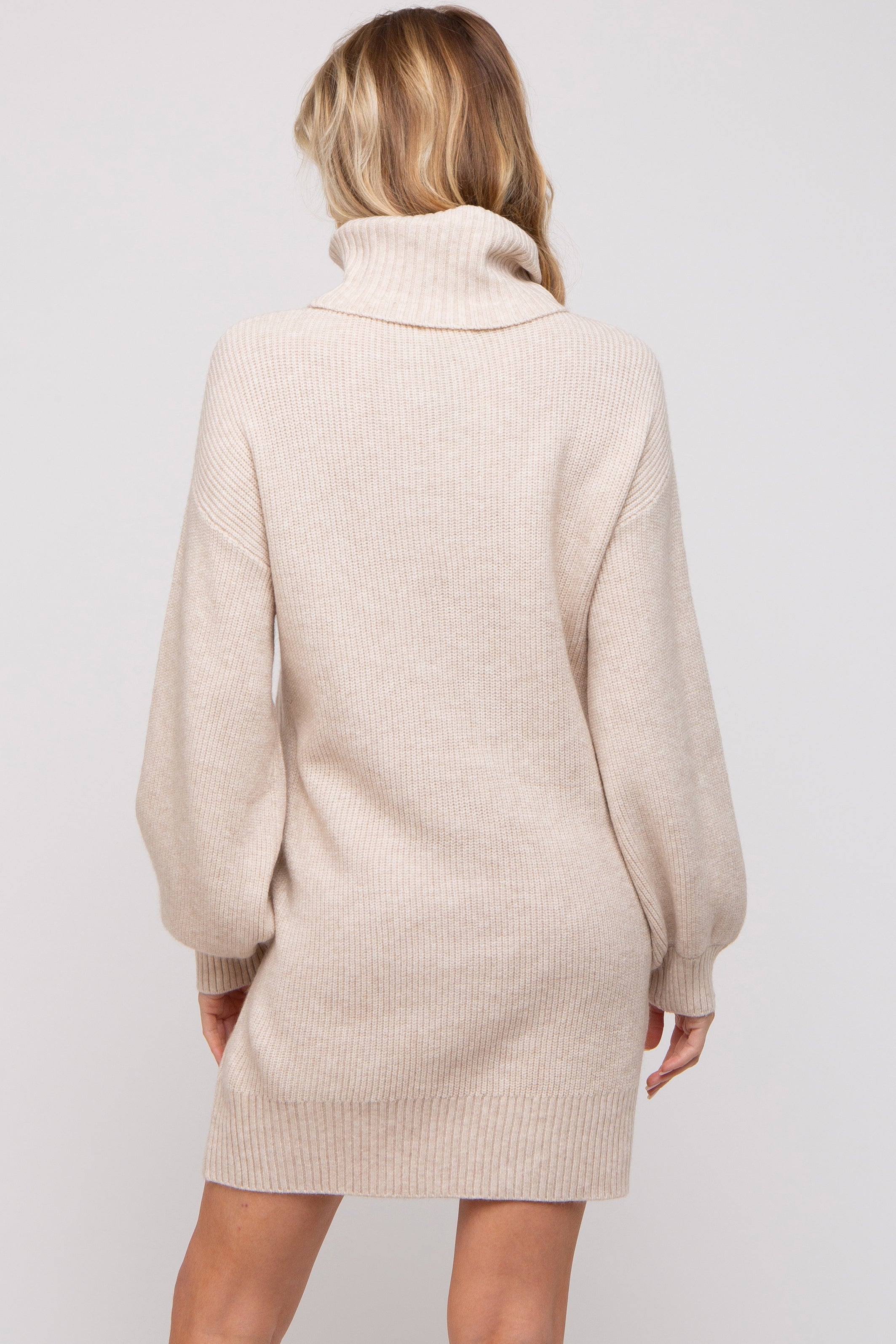 Beige Cable Knit Maternity Mini Sweater Dress for Women - Soft Stretchy Pregnancy Outfit for Baby Shower, Date Night & Fall Season