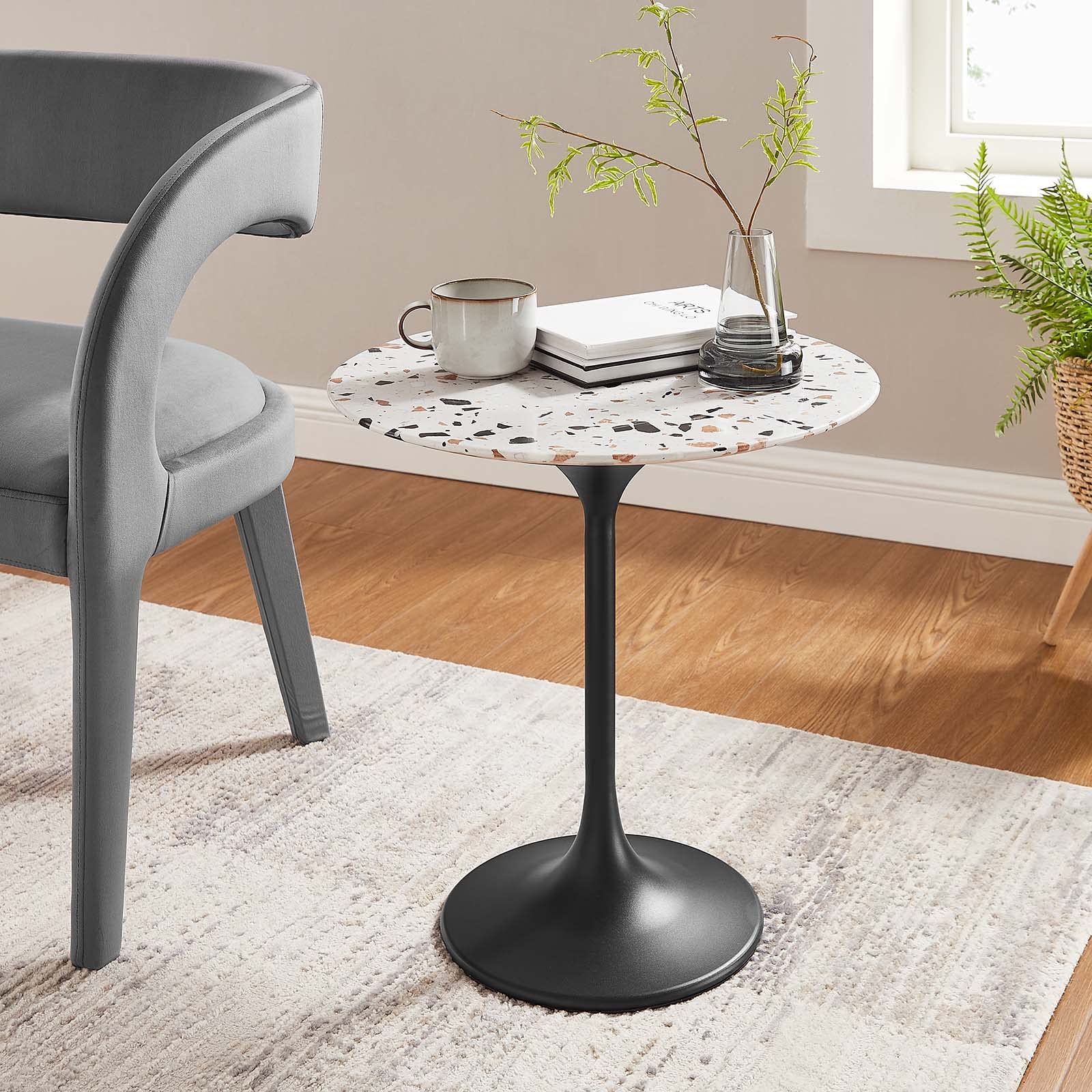 Modway Lippa 20-Inch Round Black Terrazzo Side Table - Modern Accent Table for Living Room, Bedroom, or Office Decor