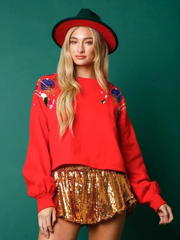 Sparkly Sequined Loose Fit Women's Sweatshirt - Casual Comfort for Parties, Outings & Everyday Wear