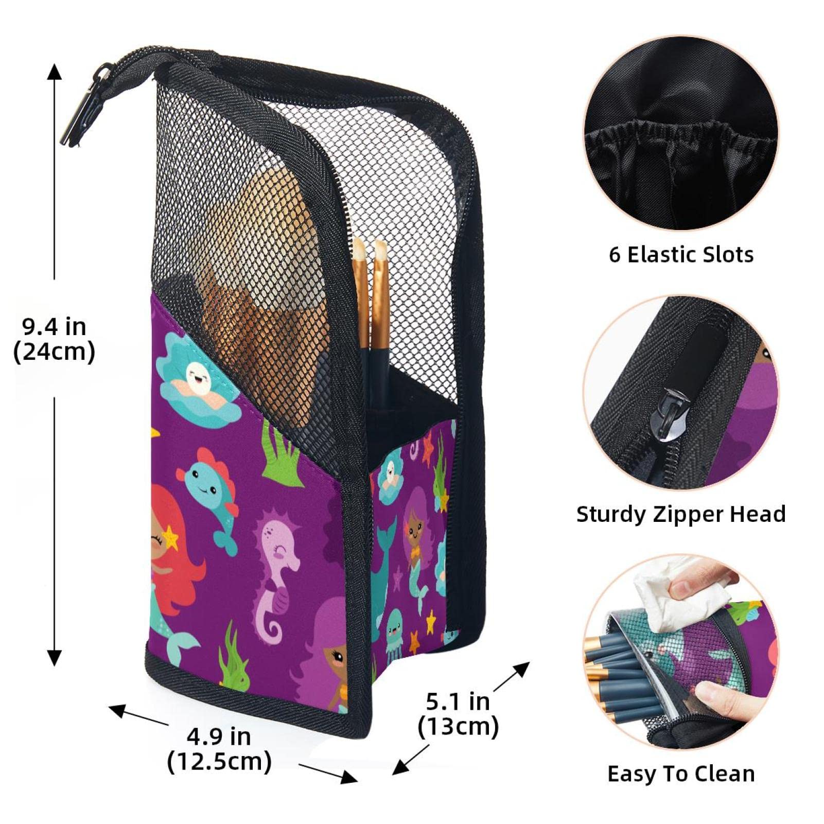 12-Piece Makeup Brush Organizer Bag with Dolphin, Jellyfish, Crab & Mermaid Designs - Portable Cosmetic Brush Holder Case for Travel, Home & Professional Makeup Artists
