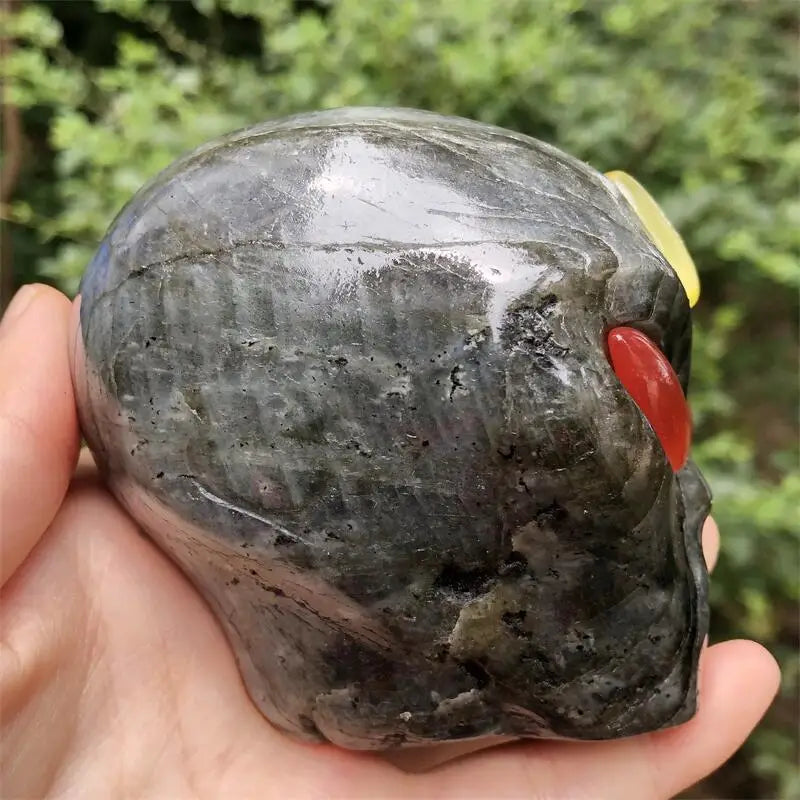 Natural Labradorite Stone Carved Alien Skull Statue - Healing Crystal Decor, Spiritual Gemstone Collection for Home Altar, Meditation Space & Gift Giving