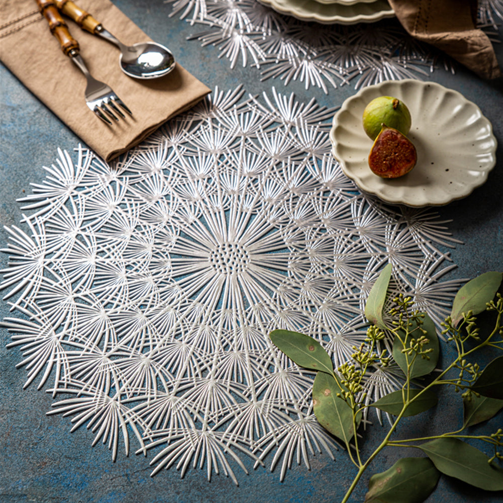 Premium Dahlia Silver PVC Table Mats Set of 2 - Waterproof & Heat-Resistant Dining Table Protectors for Everyday Use, Dinner Parties & Special Occasions