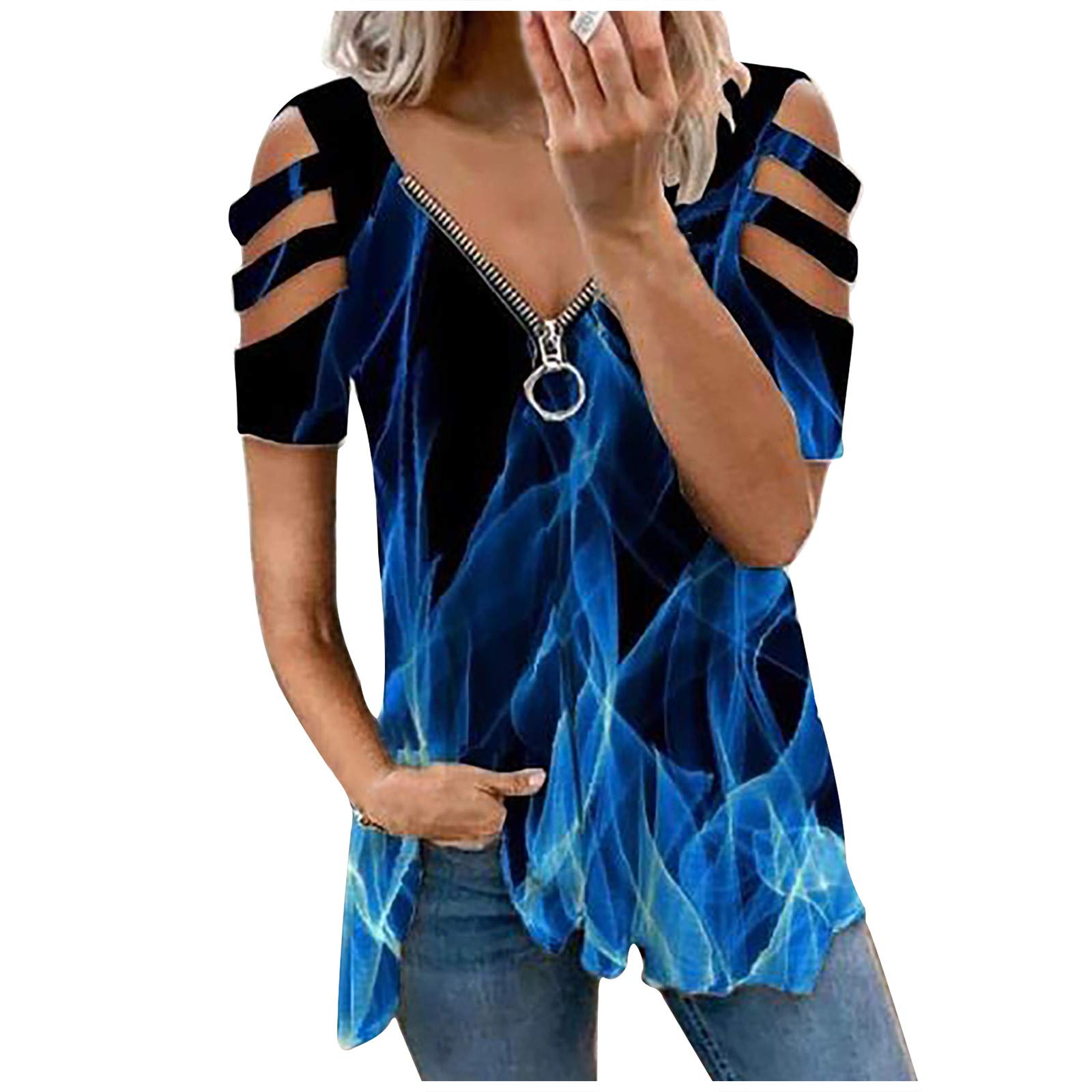 Women's Cold Shoulder Waffle Knit Tunic Top - Short Sleeve Semi-Zip V-Neck Blouse for Casual Wear & Layering | Perfect for Office, Date Night & Weekend Outfits