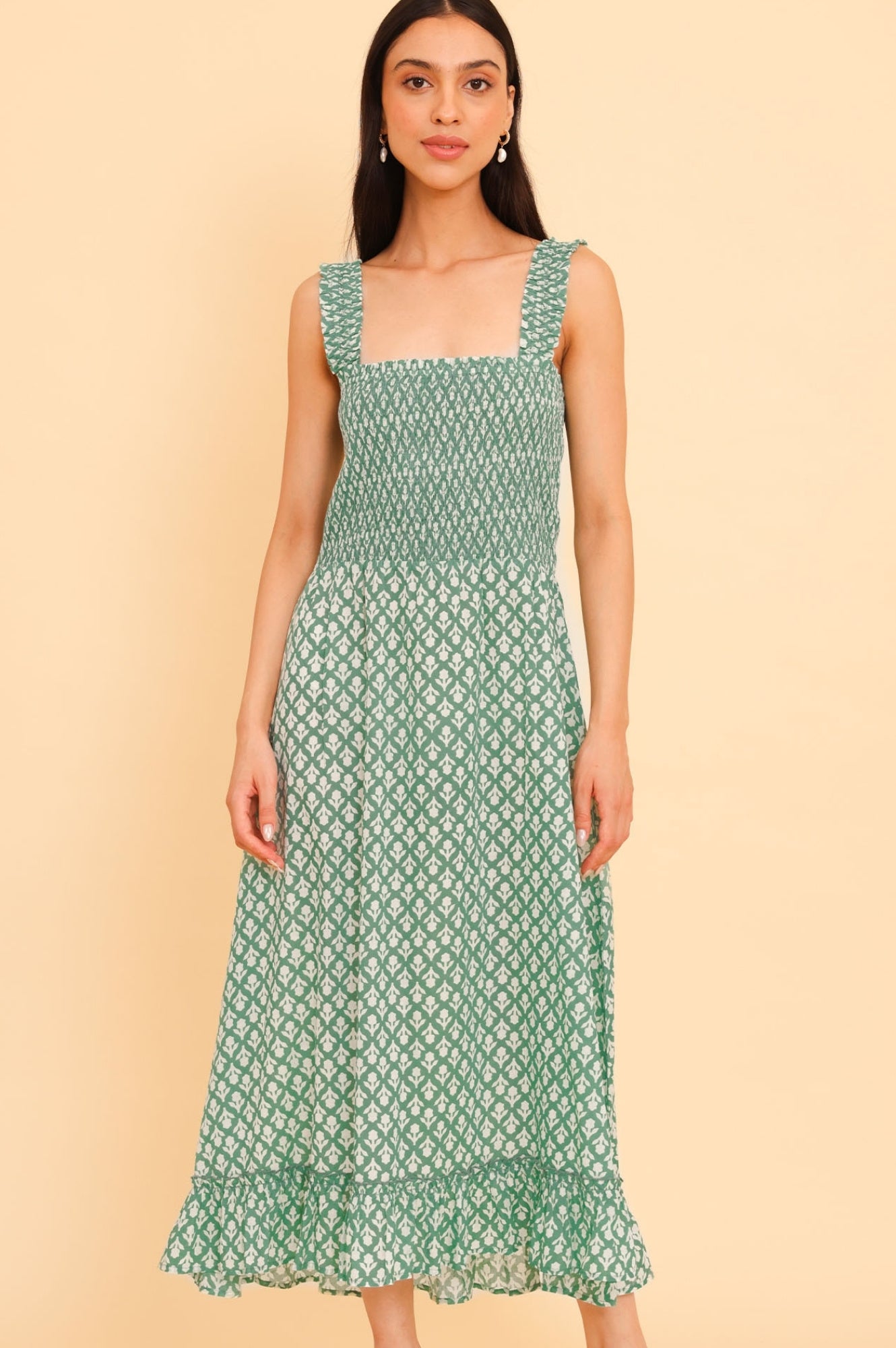 Rhianna Organic Cotton Dress - Eco-Friendly Women's Summer Dress in Sage Green & White | Perfect for Casual Outings, Beach Wear, and Boho Fashion