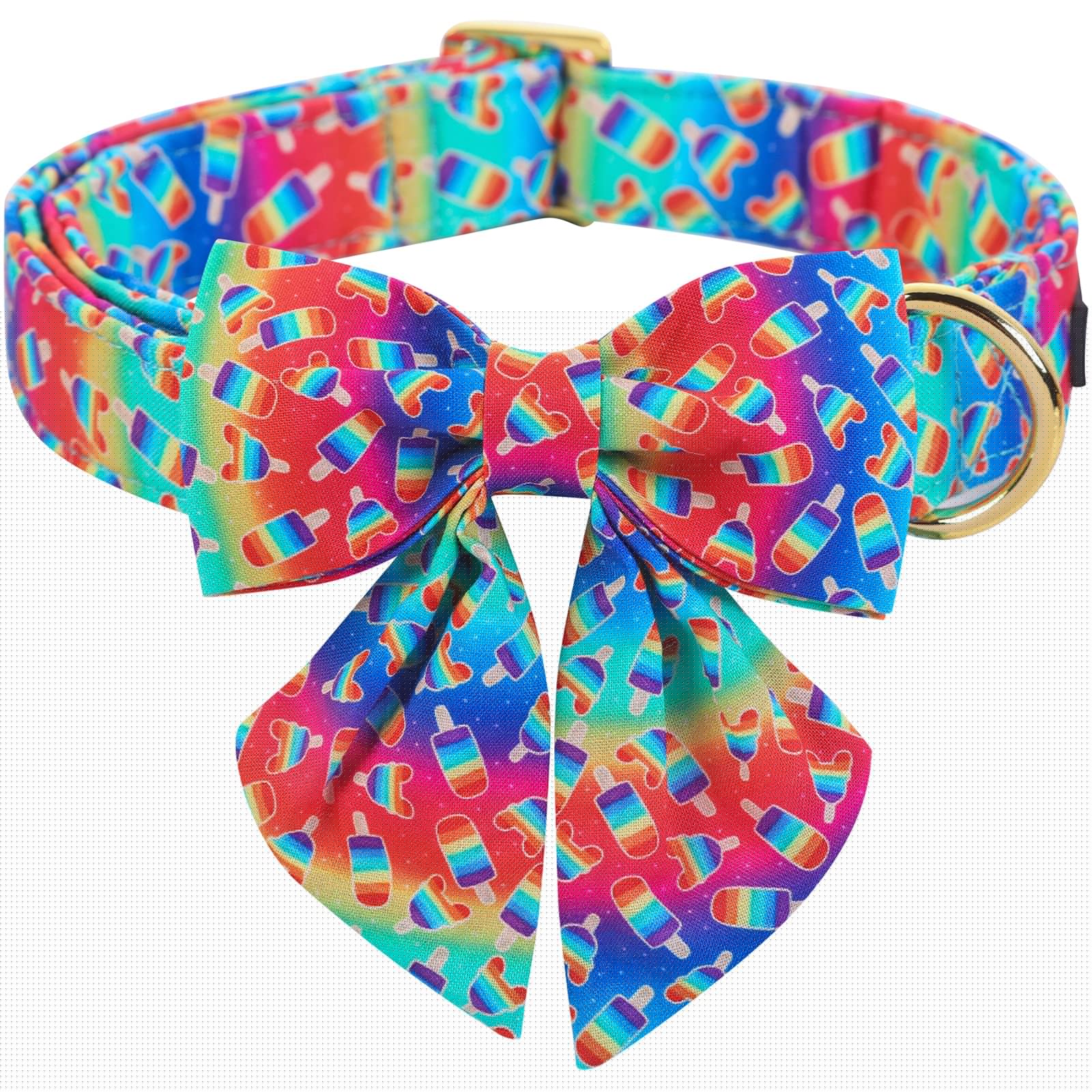 Rainbow Popsicle LGBTQ Pride Dog Collar with Sailor Bowtie - Adjustable Cotton Pet Collar with Metal Buckle for Small Medium Dogs - Perfect for Pride Parades, Dog Walks & LGBTQ Celebrations