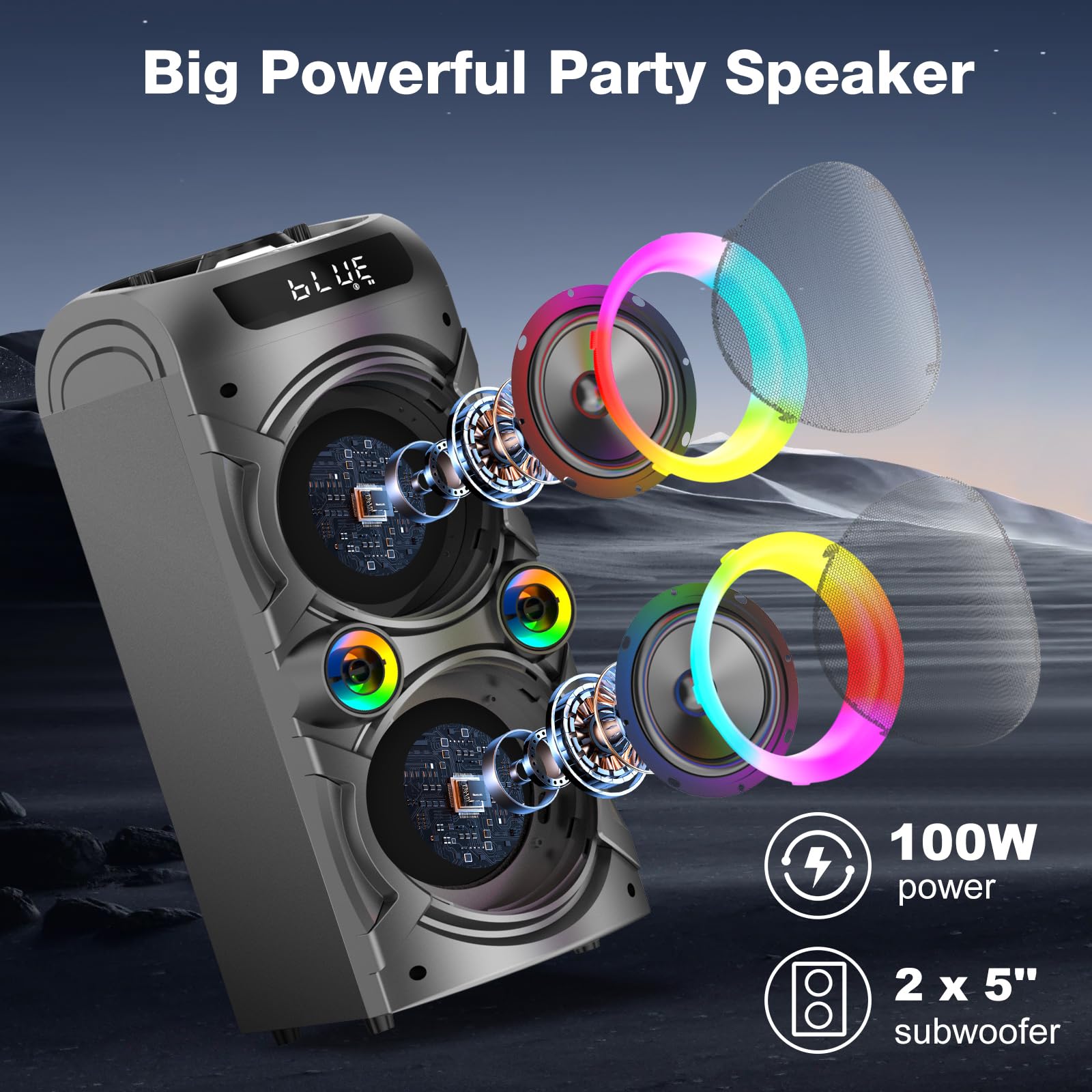 100W Portable Bluetooth Speaker - Powerful Wireless Boombox with TWS Pairing, Loud Stereo Sound & Deep Bass, Large Party Speaker with Subwoofer & LED Lights for Outdoor, Home, Camping, Beach, Pool Parties & Backyard Gatherings