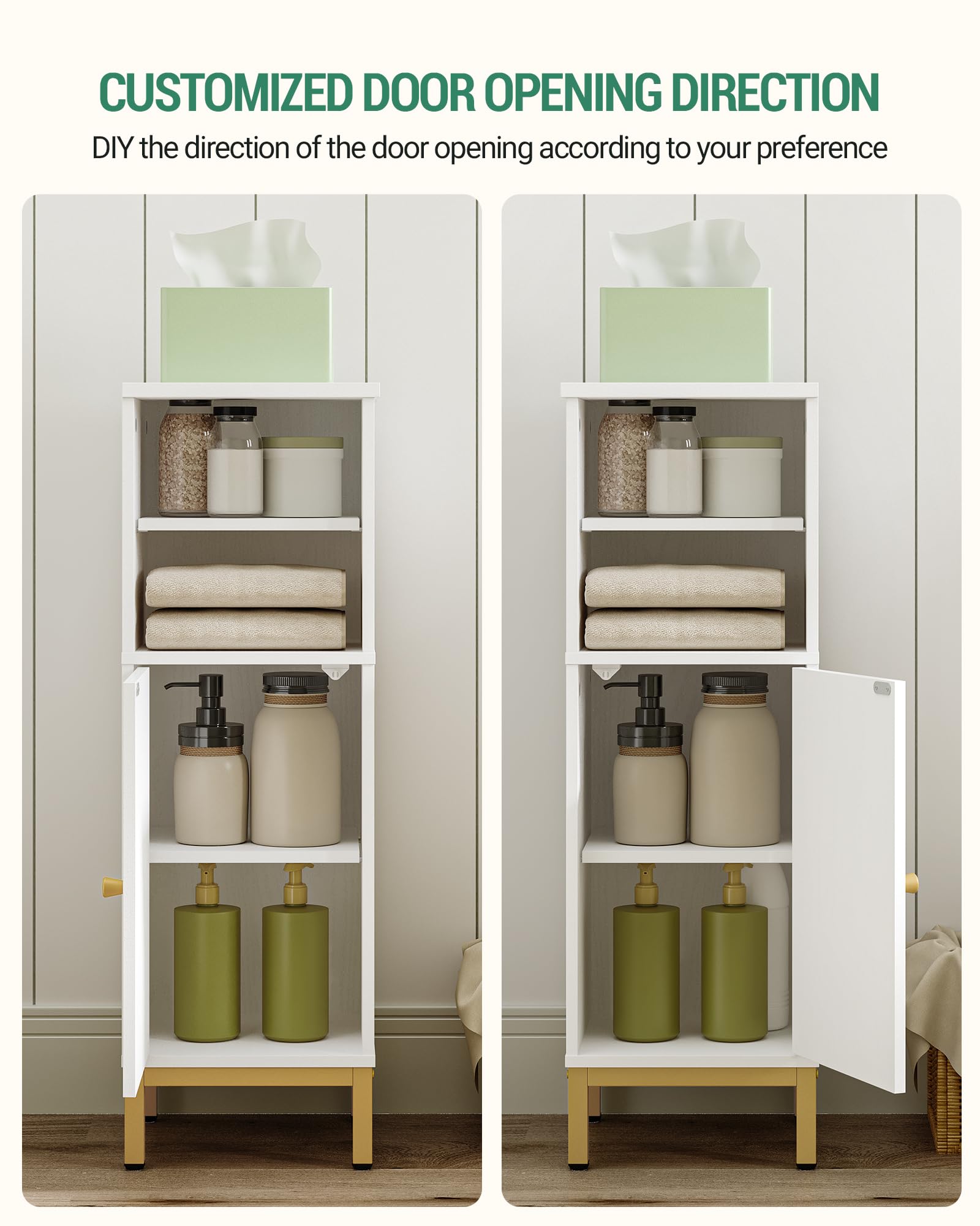 White Bathroom Storage Cabinet with Adjustable Shelves - Corner Floor Organizer for Kitchen, Living Room & Toilet | Customizable Door Opening | Space-Saving Bath & Home Organization Solution