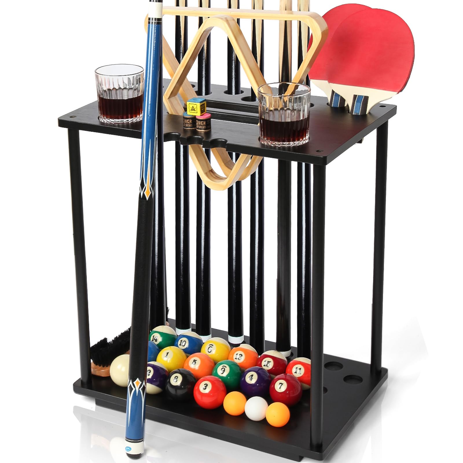 Premium Solid Wood Pool Cue Holder Stand - Holds 9 Billiard Sticks & Ping Pong Paddles - Durable Game Room & Home Billiards Accessory - Perfect for Pool Tables, Man Caves & Basement Entertainment Areas (Black)