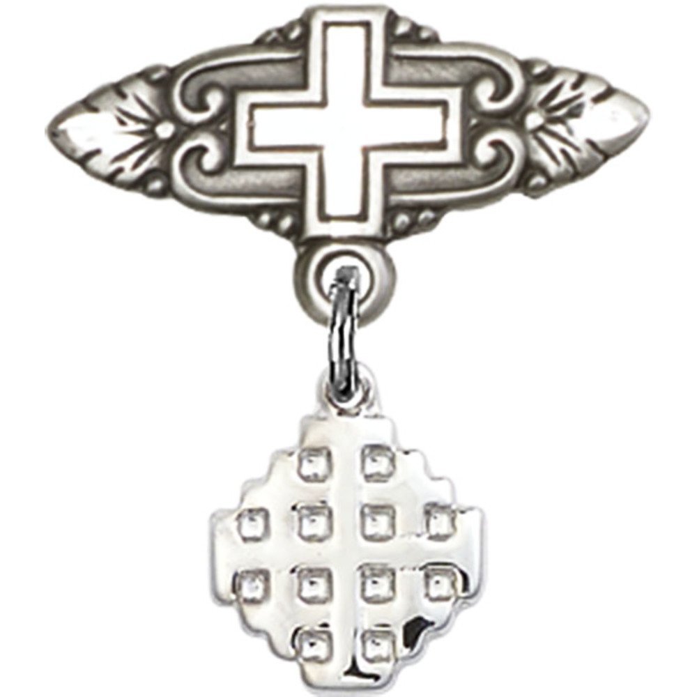 925 Sterling Silver Baby Badge with Jerusalem Cross Charm - 7/8 X 3/4 Inch Religious Jewelry Pin for Christening, Baptism & First Communion Gifts