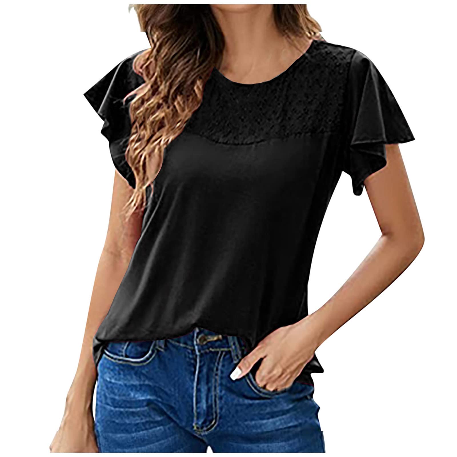 Women's Summer Casual Ruffle Short Sleeve Crew Neck T-Shirt - Solid Color Embroidery Loose Tunic Blouse for Beach, Vacation & Everyday Wear