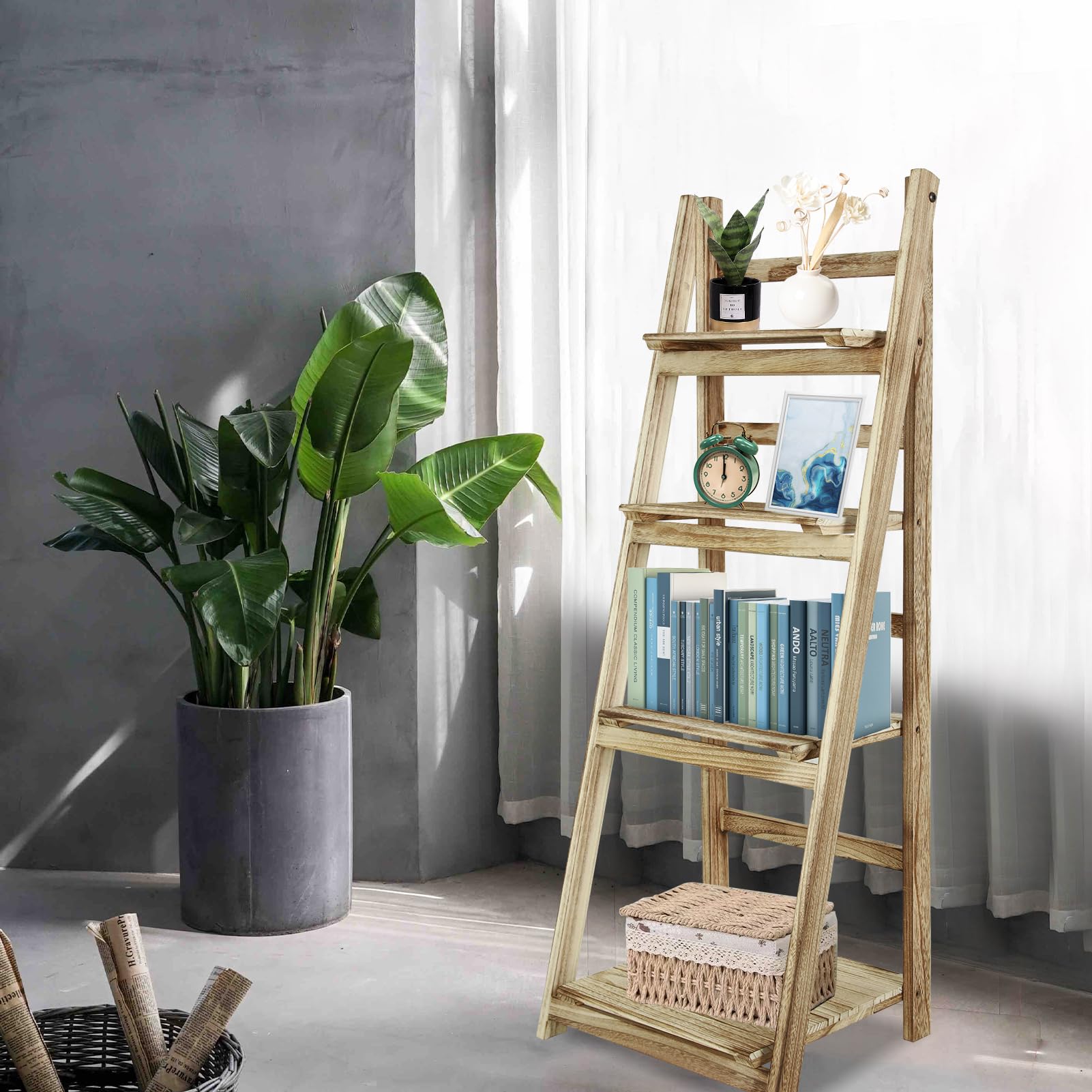ECOMEX 4-Tier Wooden Ladder Shelf - Rustic Style Folding Bookshelf & Plant Stand for Indoor Decor, Living Room, Bedroom, or Office | Perfect for Displaying Books, Plants, and Decorative Items