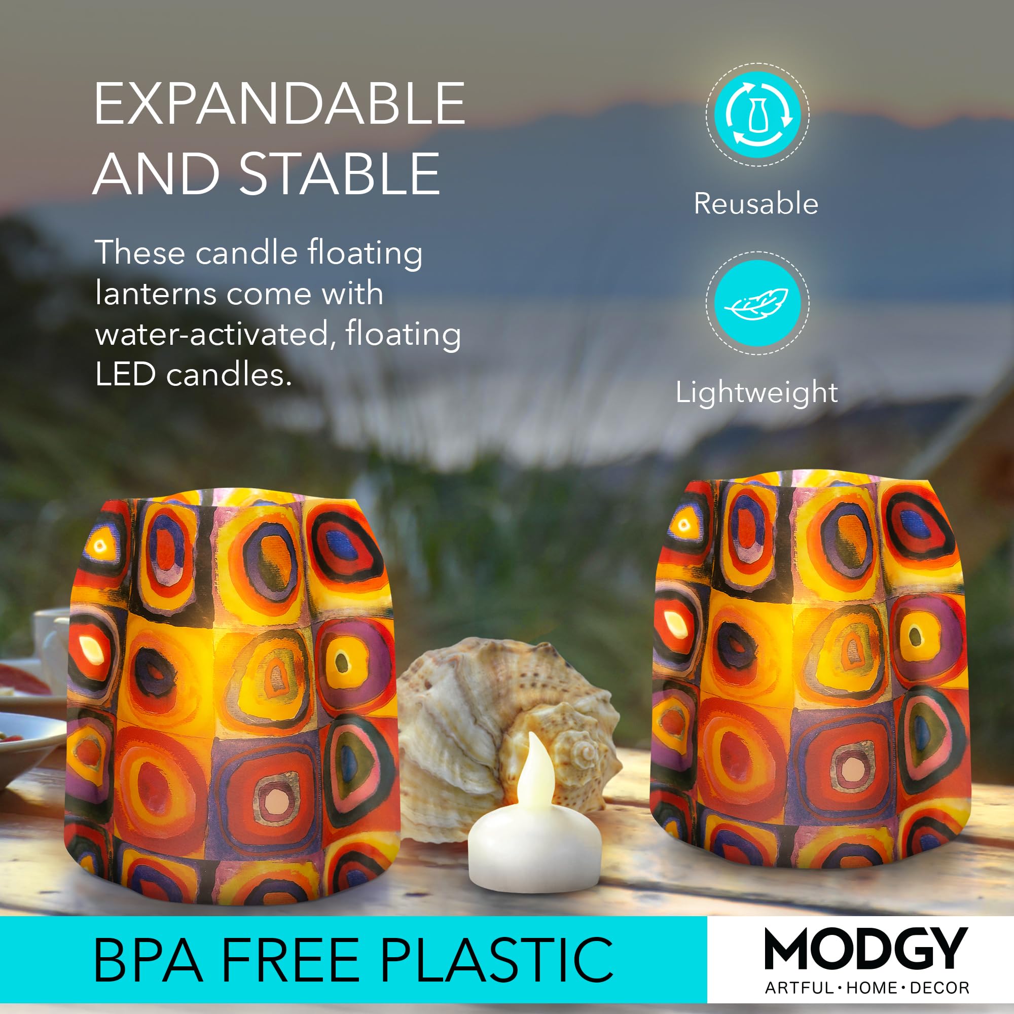MODGY Luminary Lanterns 4-Pack - Waterproof Floating LED Candles with Timer & Remote - Battery Included Wedding Decor, Party Lights, Outdoor Patio Lighting - Perfect for Pool Parties, Garden Decor & Romantic Dinners (Kandinsky Circles Design)