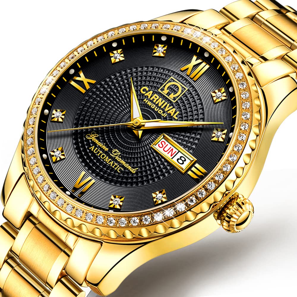 Luxury Automatic Men's Watch - Gold Stainless Steel Case with Sapphire Crystal Glass, Waterproof Black Dial Watch for Business & Formal Occasions
