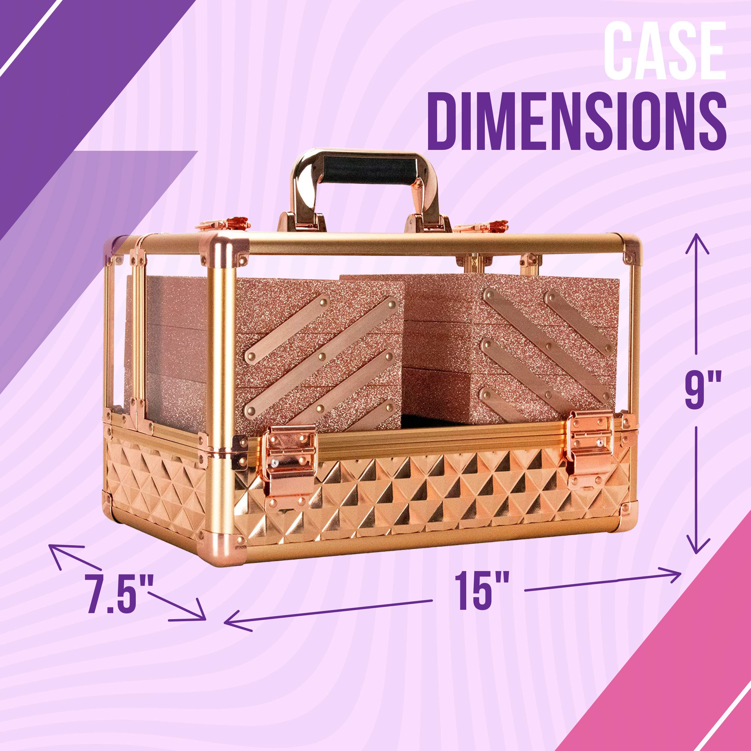 Ver Beauty Professional Jewelry & Makeup Organizer - 3.8mm Heavy Duty Acrylic Travel Case with 6 Extendable Trays & Keylocks (Rose Gold Diamond) - Perfect for Travel, Home Storage & Cosmetic Display