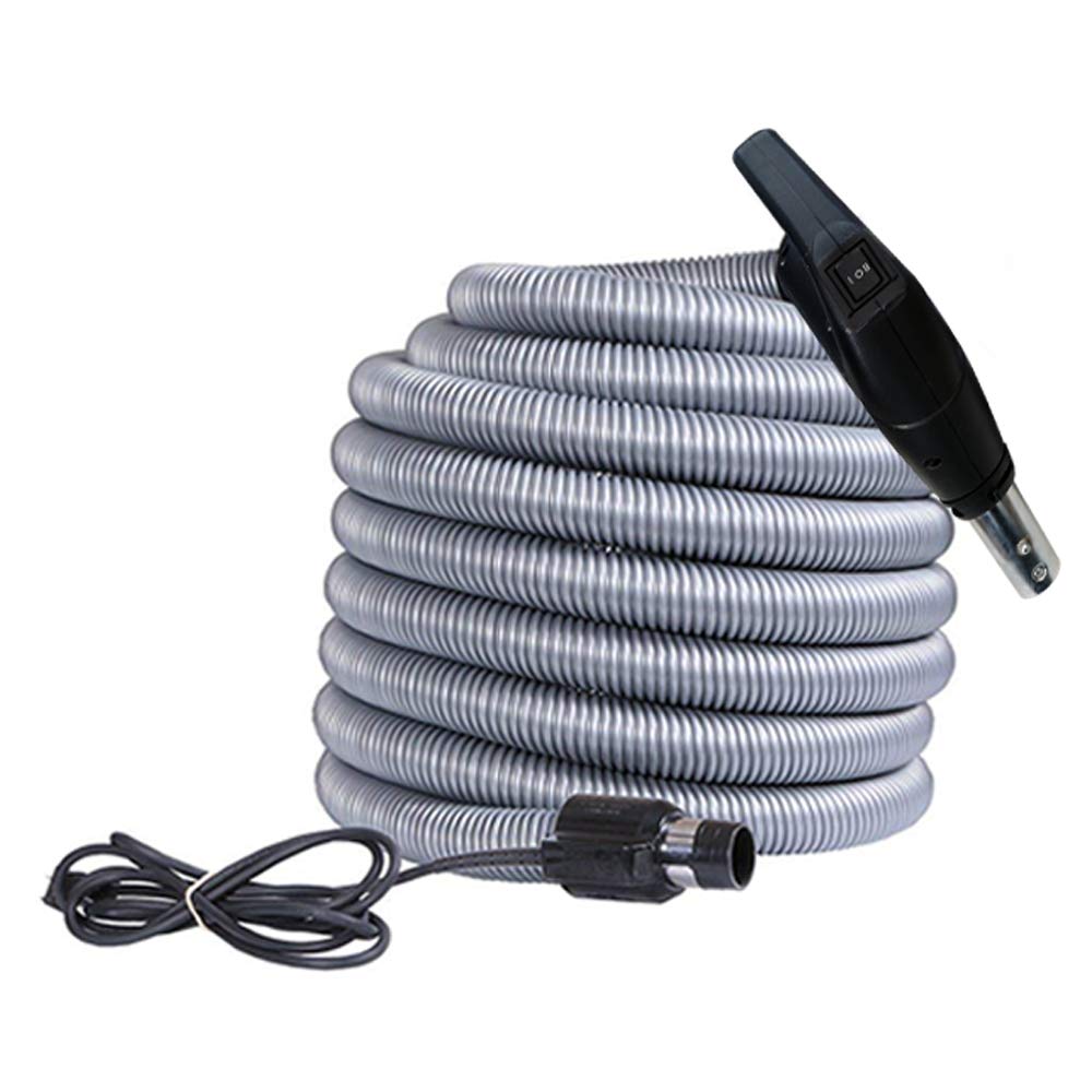 OVO Volt Universal Central Vacuum Hose - 30/35/40/50ft Length Options with Dual Voltage Switch Control & Crushproof Design - Fits Most Inlet Ports (Includes Hose Protector Cover) - Ideal for Home Cleaning, Garage Workshop & RV Maintenance - 35ft Black