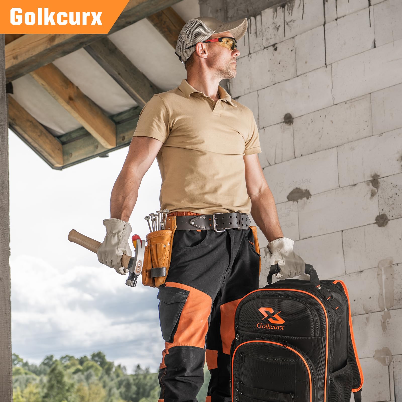 Golkcurx Heavy Duty 1680D Tool Backpack - Durable Molded Base Tool Bag for Electricians, Plumbers & Contractors - Perfect for Job Sites, Construction Work & Outdoor Repairs