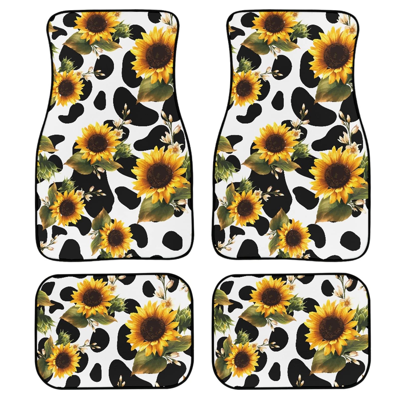 JEOCODY Sunflower & Cow Print Car Floor Mats - 4-Piece Set, Non-Slip Heavy Duty Dustproof Automotive Accessories for Sedans, SUVs & Trucks | Perfect for Road Trips & Everyday Commute