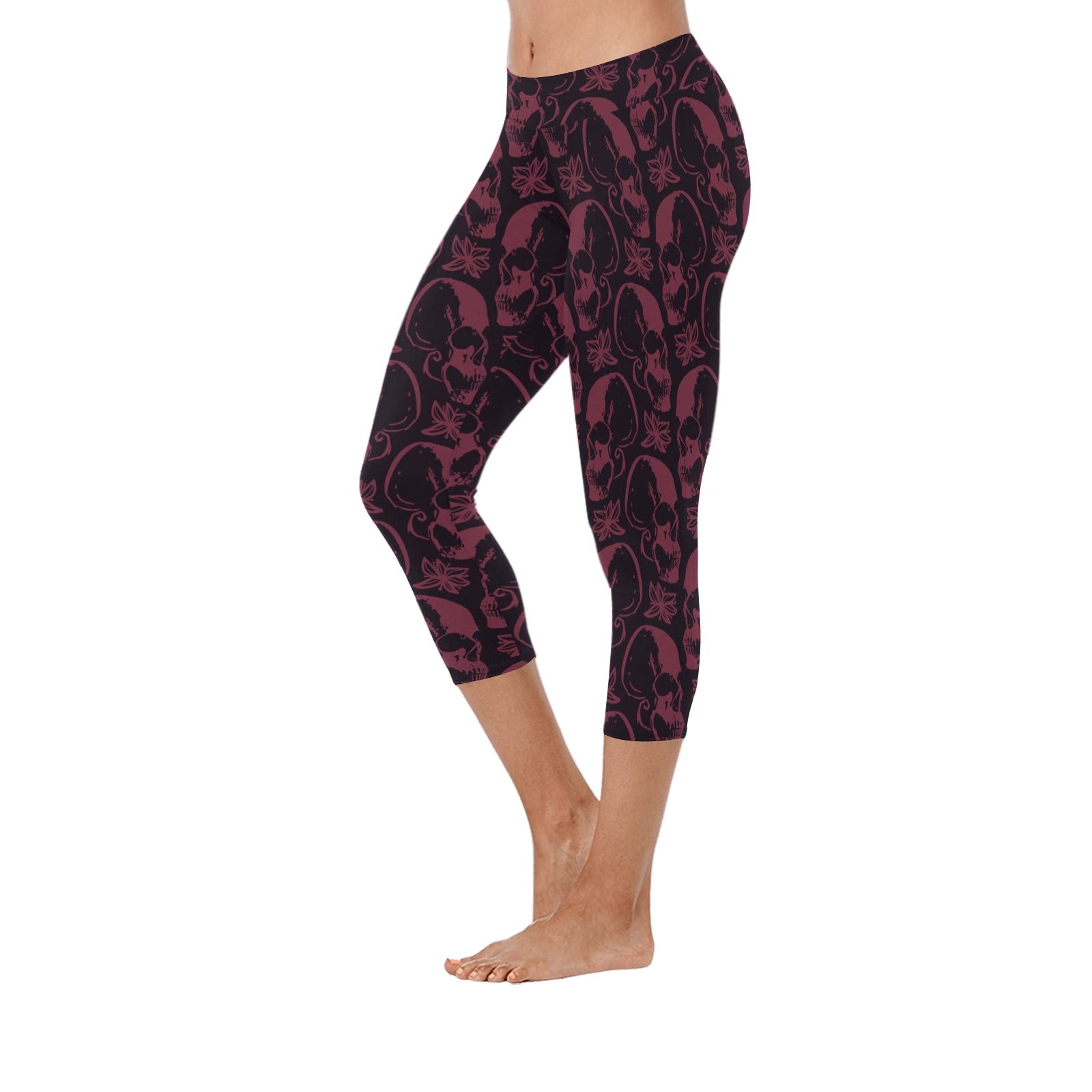 Purple Skulls Low Rise Capri Leggings for Women - Gothic Yoga Pants for Workout, Fitness & Casual Wear